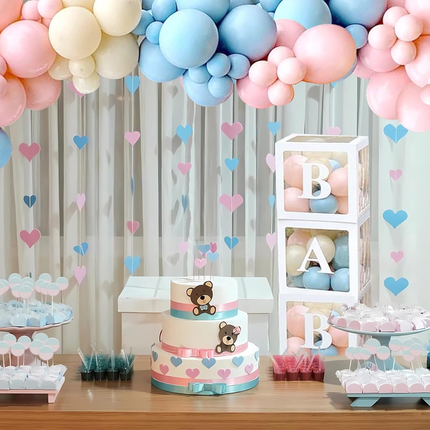 Decoraciones de revelación de género para baby shower, kit de arco de 176 globos rosas y azules, caja de bebé con letras para decoración de