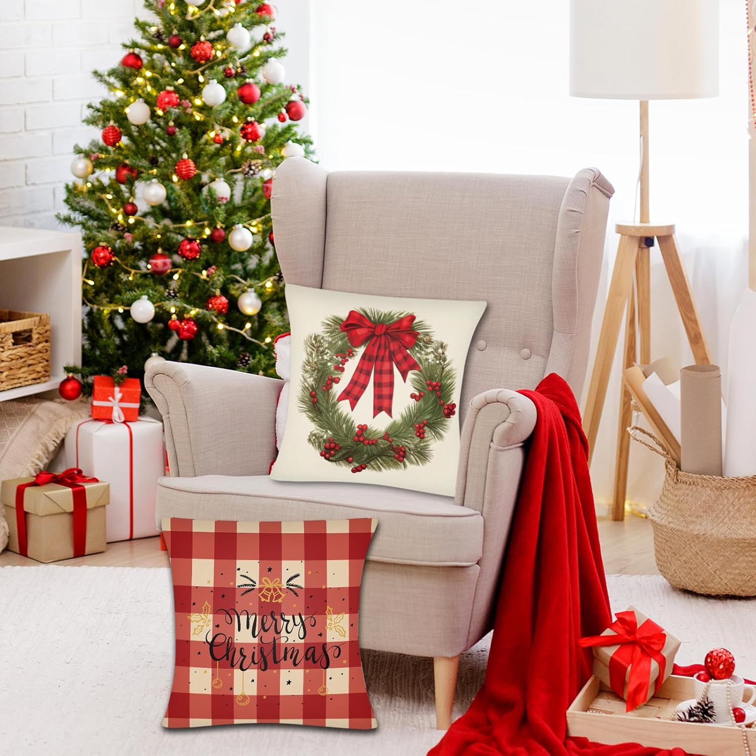 Juego de 4 fundas de almohada de Navidad de 18 x 18 pulgadas, decoración navideña de cuadros rojos, fundas de almohada de Navidad para Navidad,