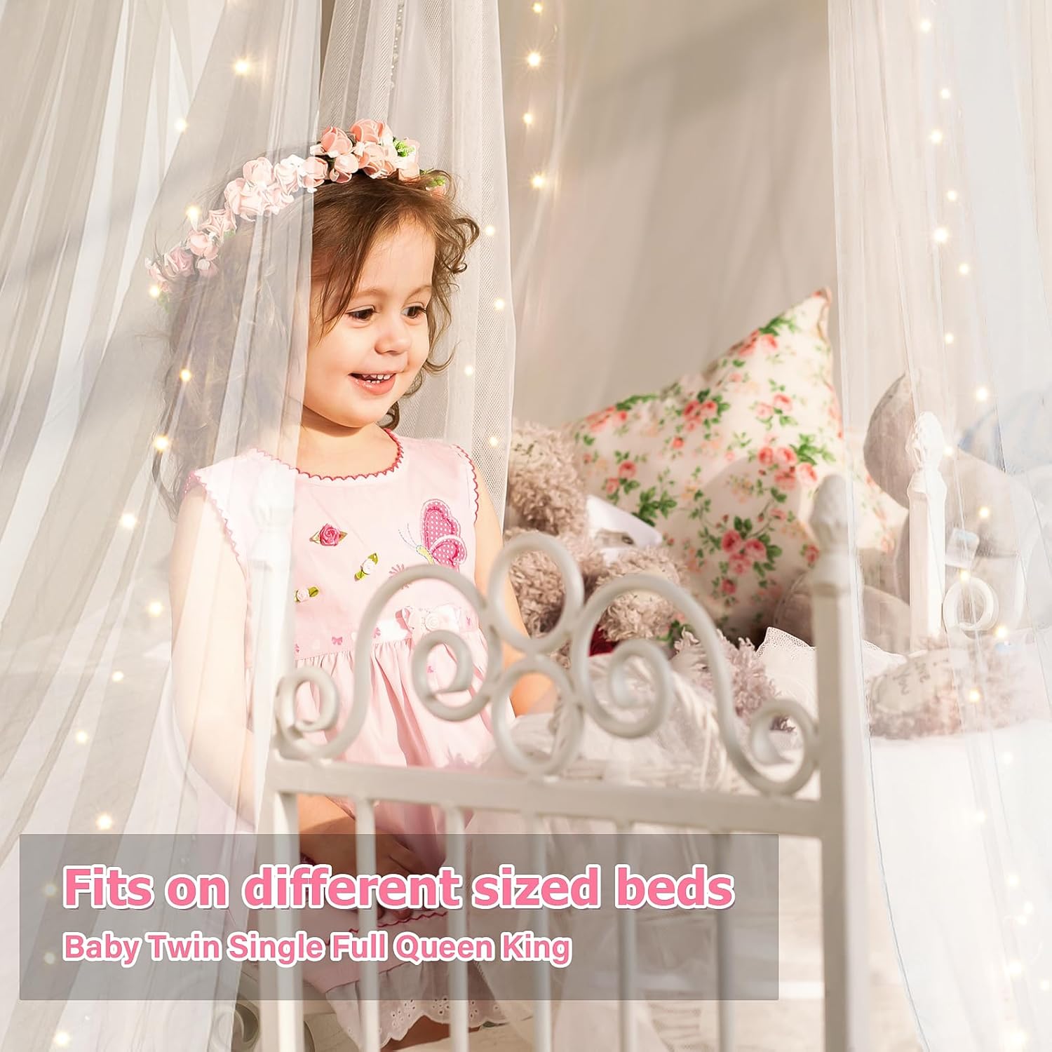 Toldo de cama con luces, toldo de cama para niñas princesa con estrellas luminosas, cortinas de cama para cama de tamaño individual a King,