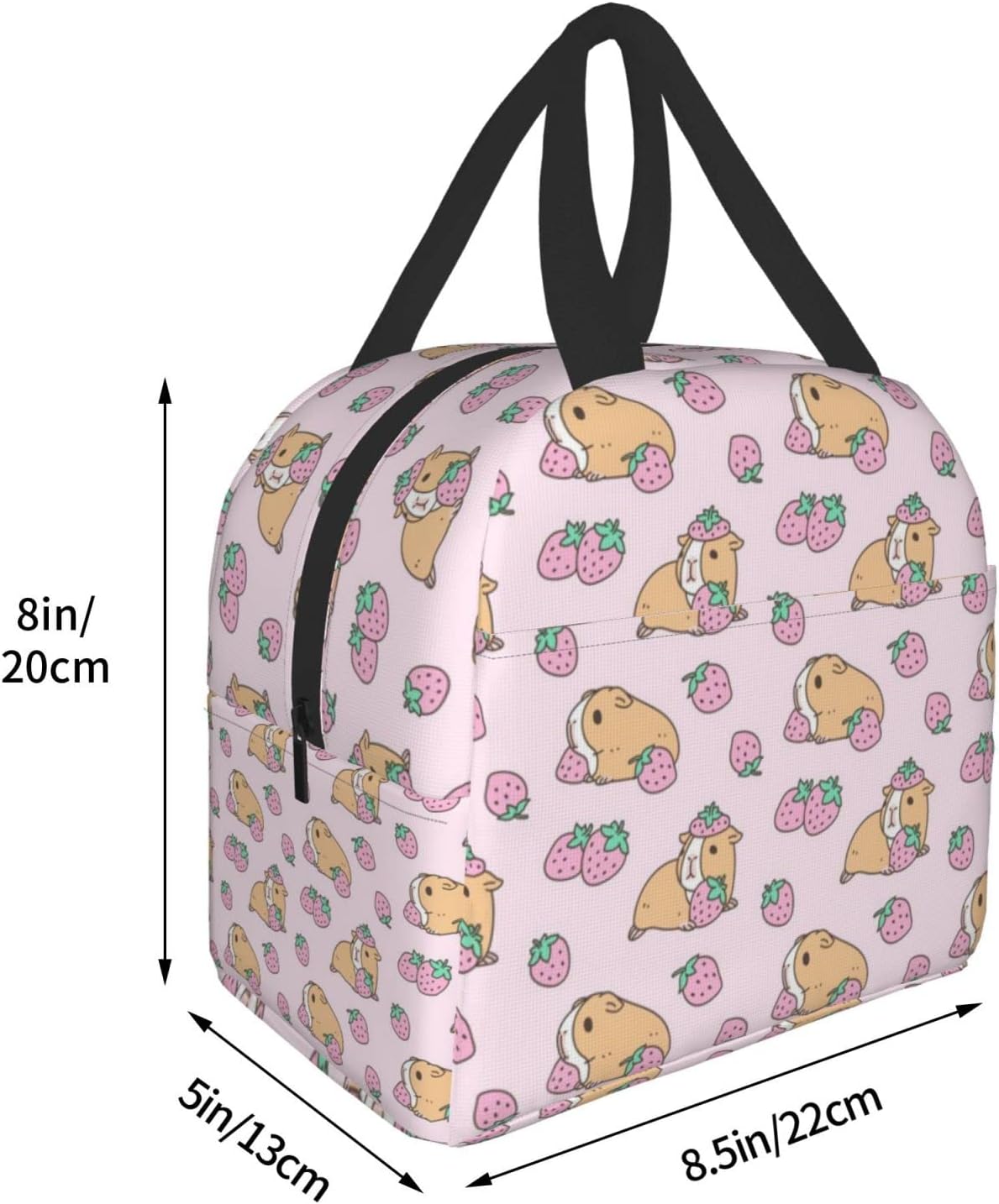 Caja de almuerzo con diseño de conejillo de indias rosa y fresa Bento bolsa de viaje picnic cajas de asas aisladas contenedor duradero bolsa de