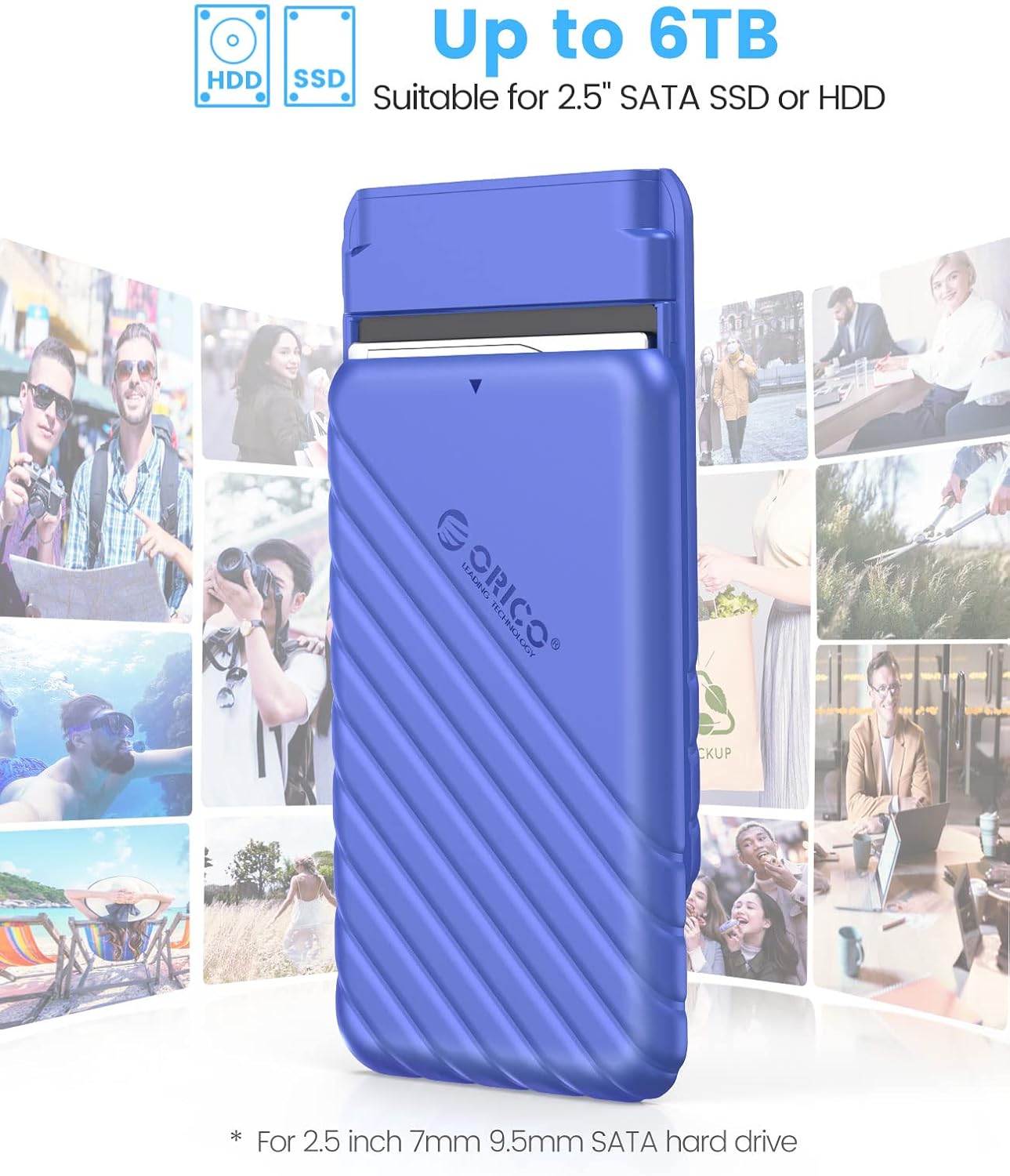 ORICO Caja de disco duro externo de 2,5 pulgadas USB 3.0 a SATA III para 0.276 in y 0.374 in SATA HDD SSD sin herramientas compatible con UASP Azul