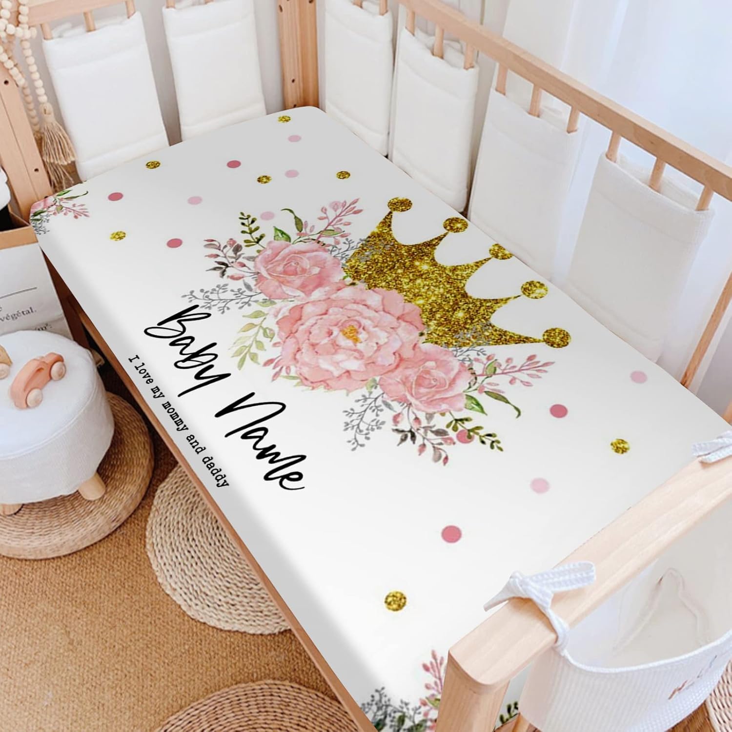 Sábanas personalizadas para cuna para bebé niño y niña, diseño de flor de corona dorada, sábana bajera unisex para cuna para niño, suave como la