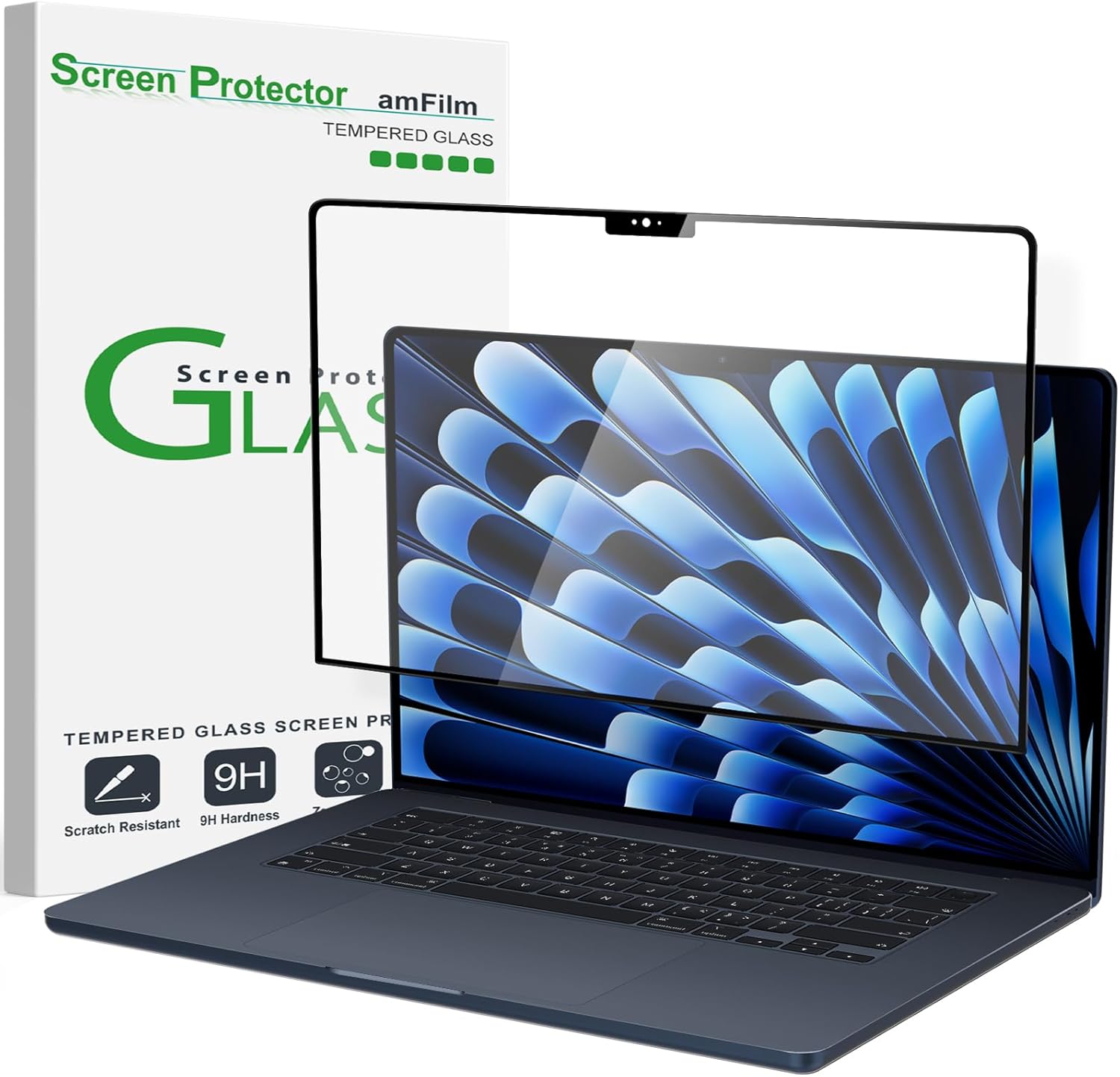 amFilm Protector de pantalla de vidrio templado diseñado para MacBook Air de 15 pulgadas (chip M2, lanzado en 2023) cero burbujas dureza 9H