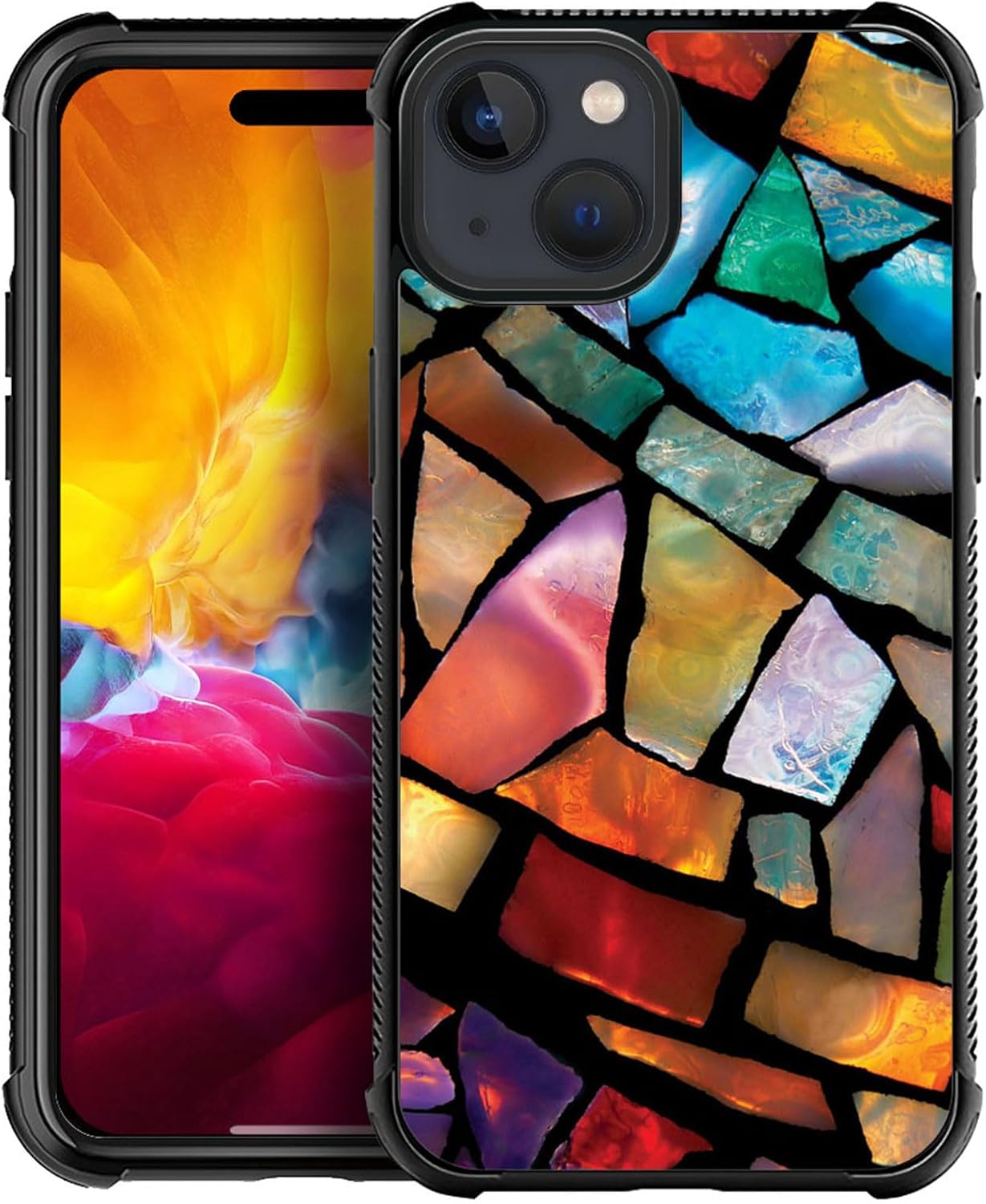 ZHEGAILIAN Funda compatible con iPhone 15 Plus, vitrales de mosaico de fiesta divertida, parte trasera de vidrio templado + funda protectora de