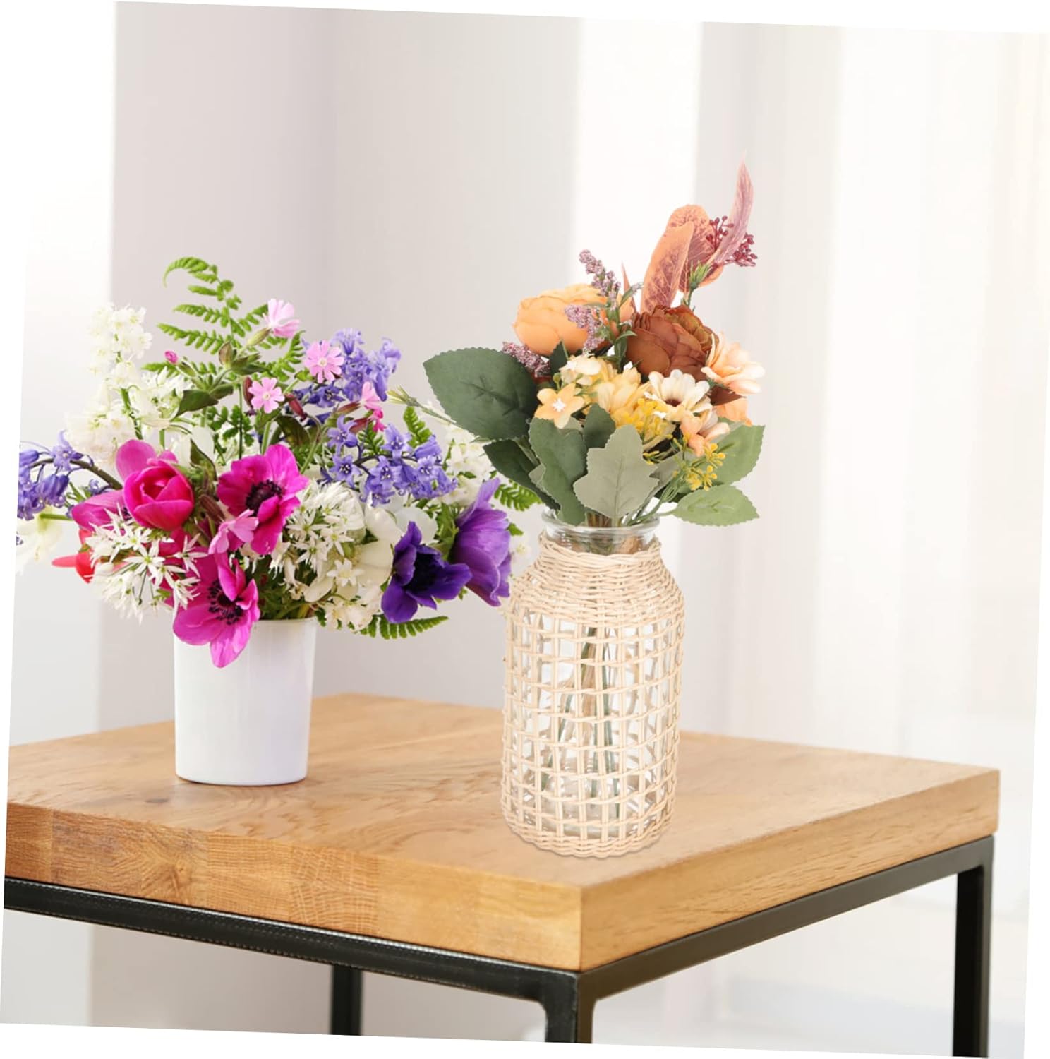 Abaodam Jarrón de cristal de ratán con cuerda, jarrón de arcilla, florero de burbujas, florero de vidrio, florero floral de mimbre para flores,