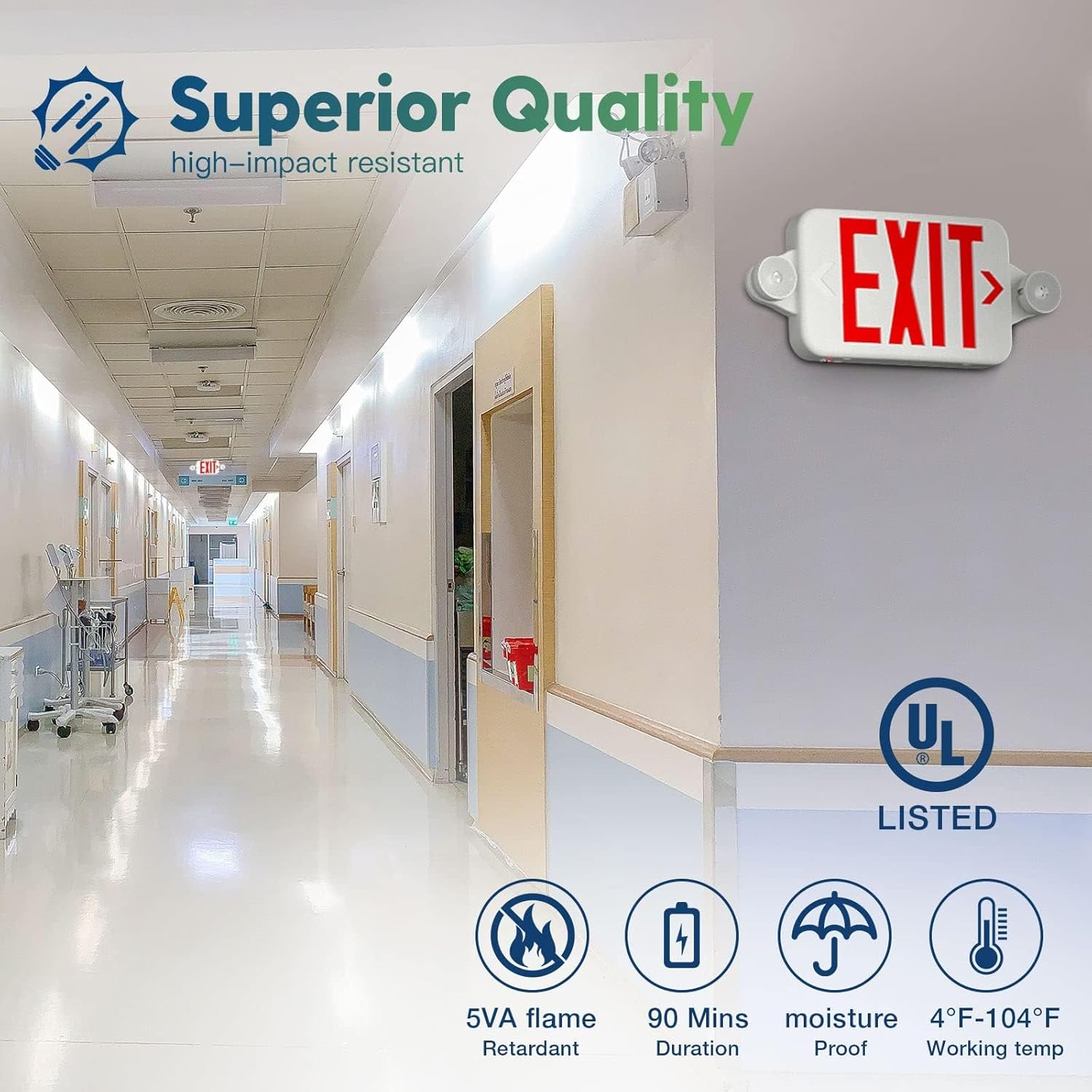 6 Pack Red Exit Signs with Emergency Lights, Two LED Adjustable Head Emergency Exit Light with Battery Backup,UL Listed, AC 120277V,Exit Sign Combo