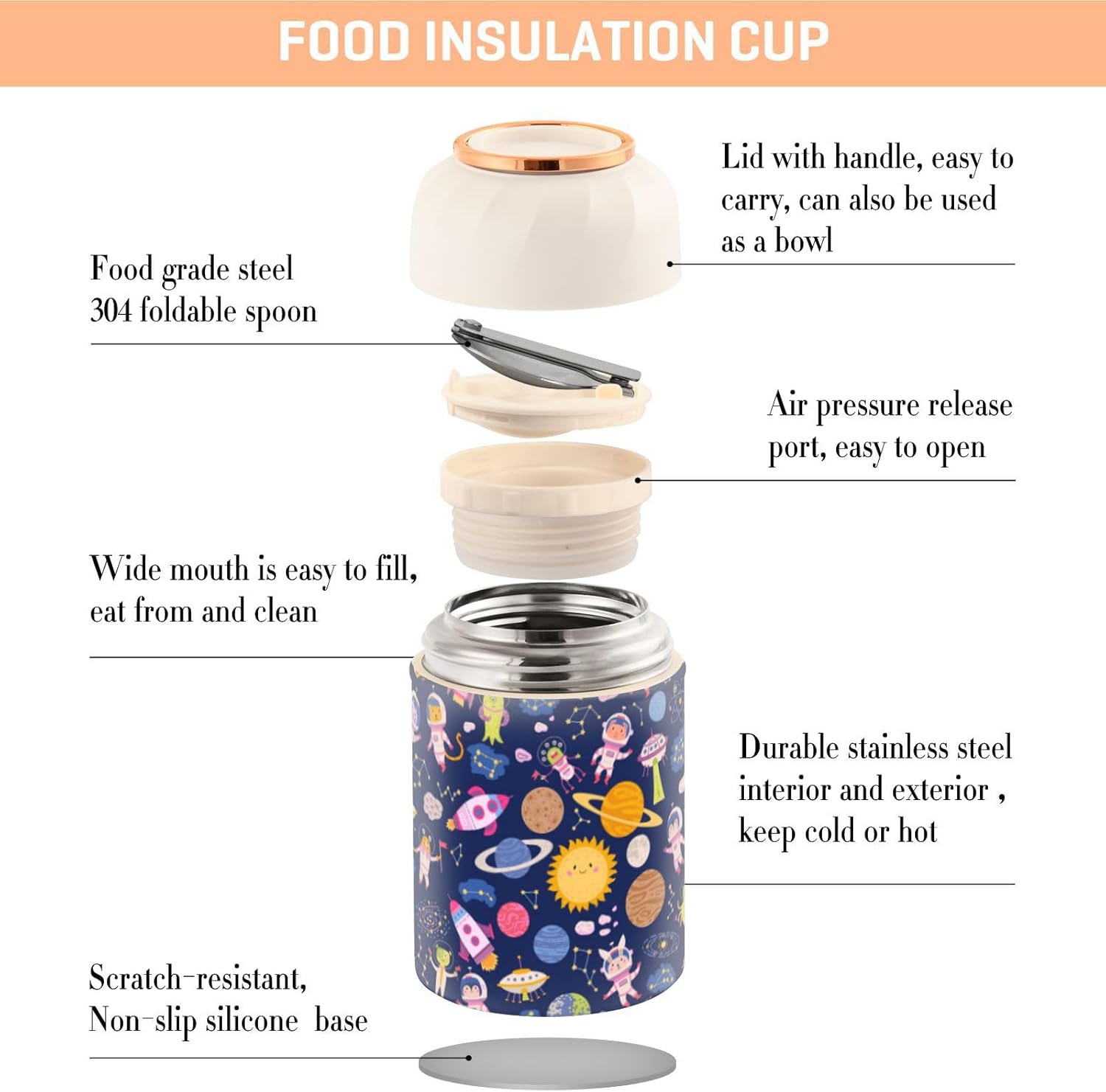 Cute Space Little Kids Womens Insulated Food Jar with Spoon 17oz500ml Keep Warm Food Containers Stainless Steel Vacuum Portable Food Storage for