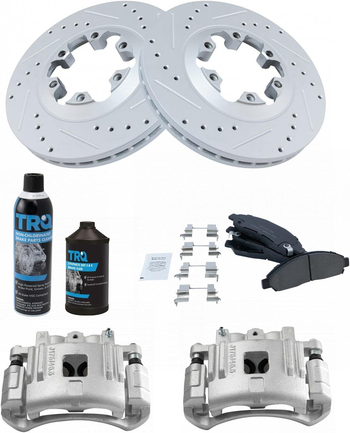 TRQ Pinza de rotor de rendimiento de almohadilla de cerámica delantera y líquidos compatibles con Chevrolet GMC Isuzu