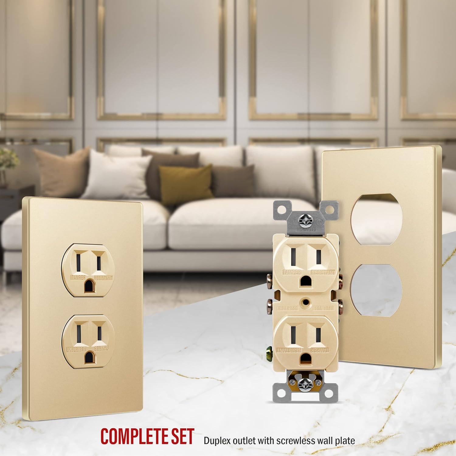 ENERLITES 61580-TR-GDWP – Receptáculo dúplex serie Elite con placa de pared sin tornillos, grado residencial, resistente a manipulaciones, 15 A 125