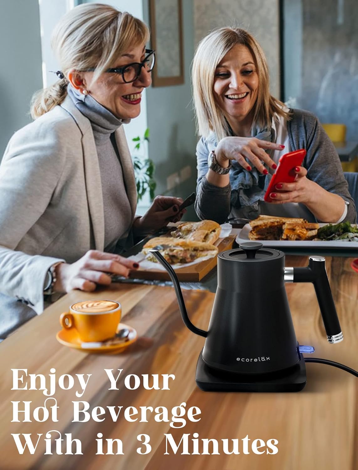 ECORELAX Hervidor eléctrico de cuello de cisne, tetera para café y té, interior 100% de acero inoxidable con diseño a prueba de fugas, calentamiento