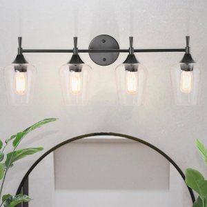 Edvivi Lámpara de tocador de baño de 4 luces, color negro mate clásico con pantalla de vidrio transparente, lámpara de pared para espejos, Edvivi Lámpara de tocador de baño de 4 luces, color negro mate clásico con pantalla de vidrio transparente, lámpara de pared para espejos,