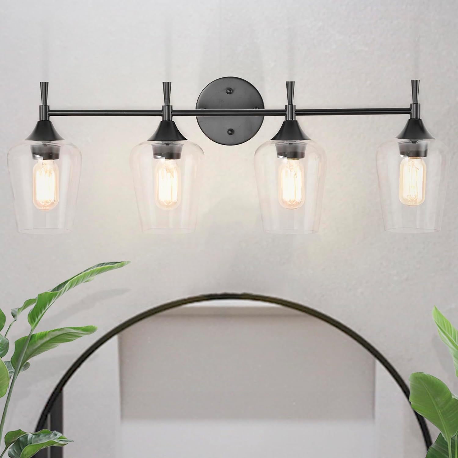Edvivi Lámpara de tocador de baño de 4 luces, color negro mate clásico con pantalla de vidrio transparente, lámpara de pared para espejos,