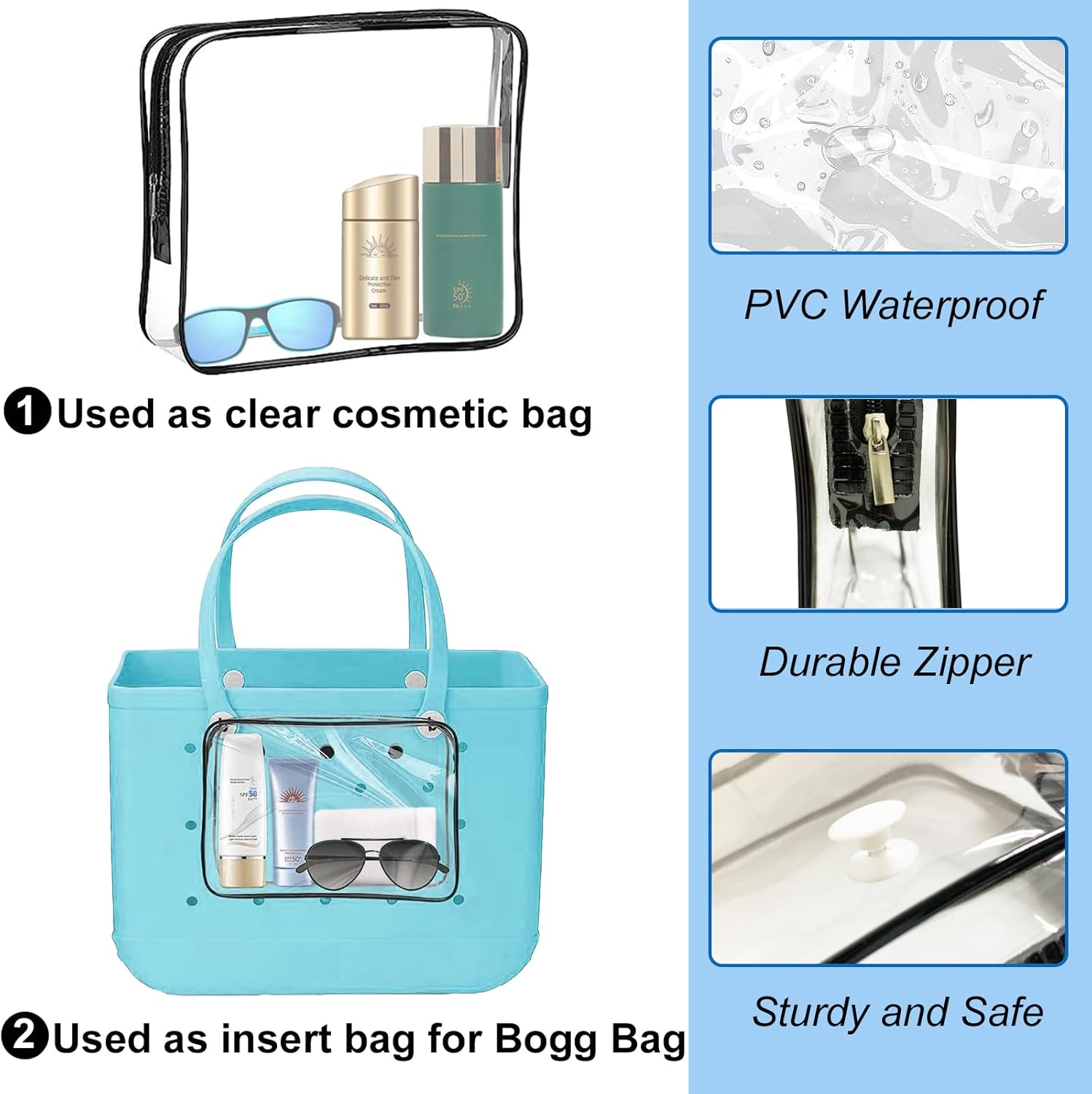 3 piezas transparentes para bolsa de playa, accesorios para bolsa Bogg, bolsas de inserción impermeables, organizador de almacenamiento, bolsas de