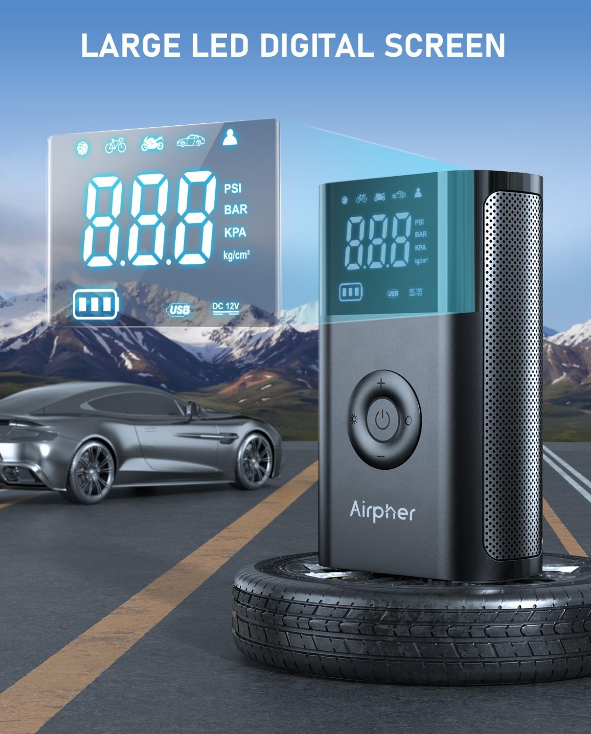 Inflador de neumáticos, compresor de aire portátil, bomba de inflado Airpher para neumáticos de automóvil con medidor digital de presión de