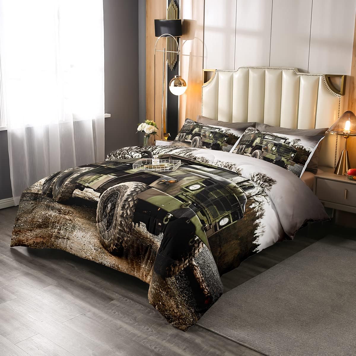Juego de edredón de camión militar, edredón de camuflaje para niños y adolescentes, juego de ropa de cama de transporte de tropas militares, edredón