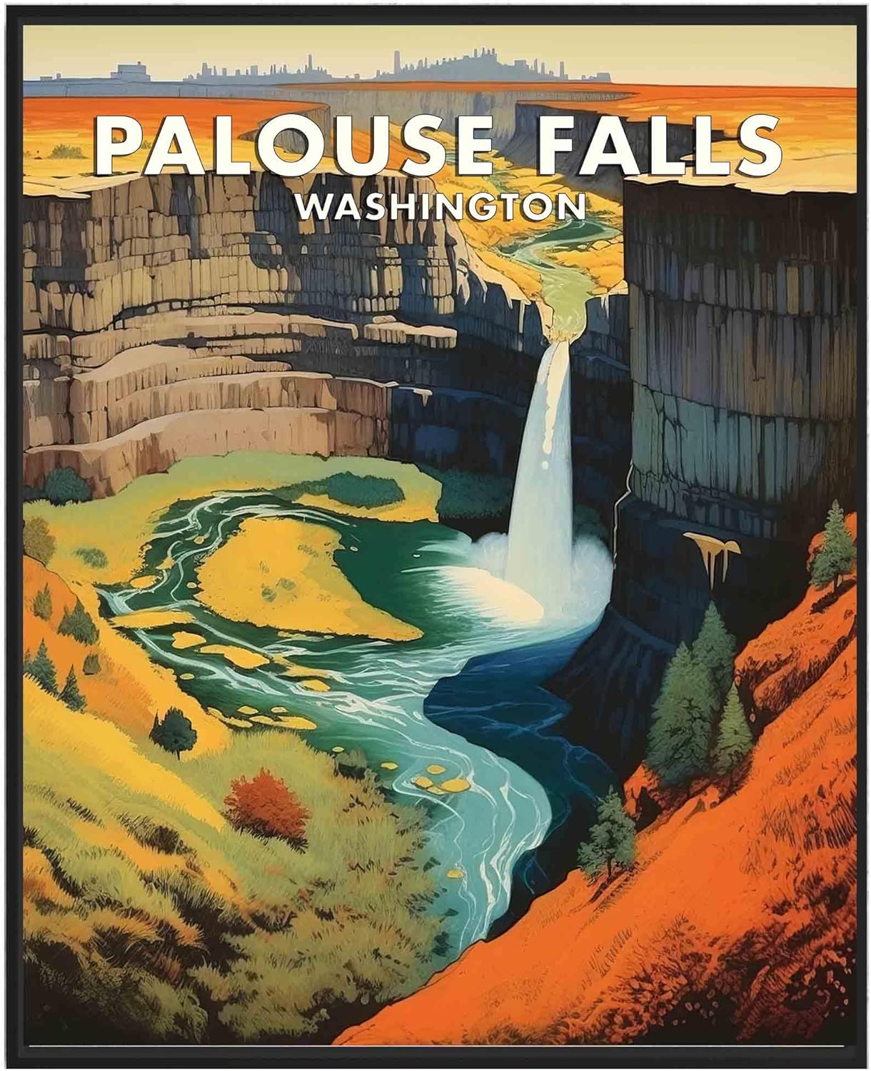 Póster artístico de Palouse Falls, Washington Waterfalls, paisaje retro de montaña y lago, decoración vintage, paisaje natural, imagen para