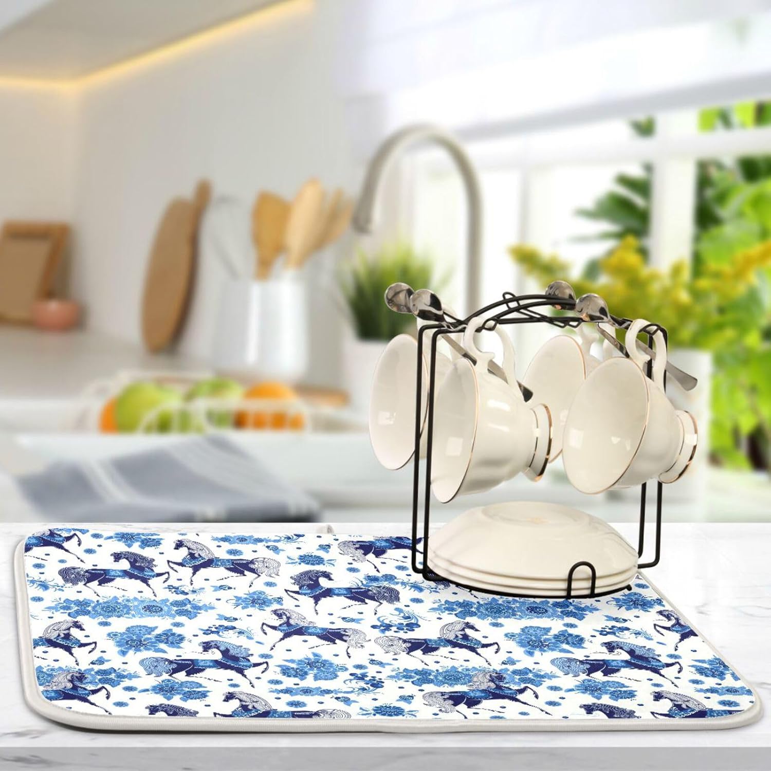 Stylized Blue Horse with Flowers Dish Drying Mat Washnable Absorbent Kitchen Counter Mat Countertop Protector Heat Resistant Tapete Para Cocina 16”