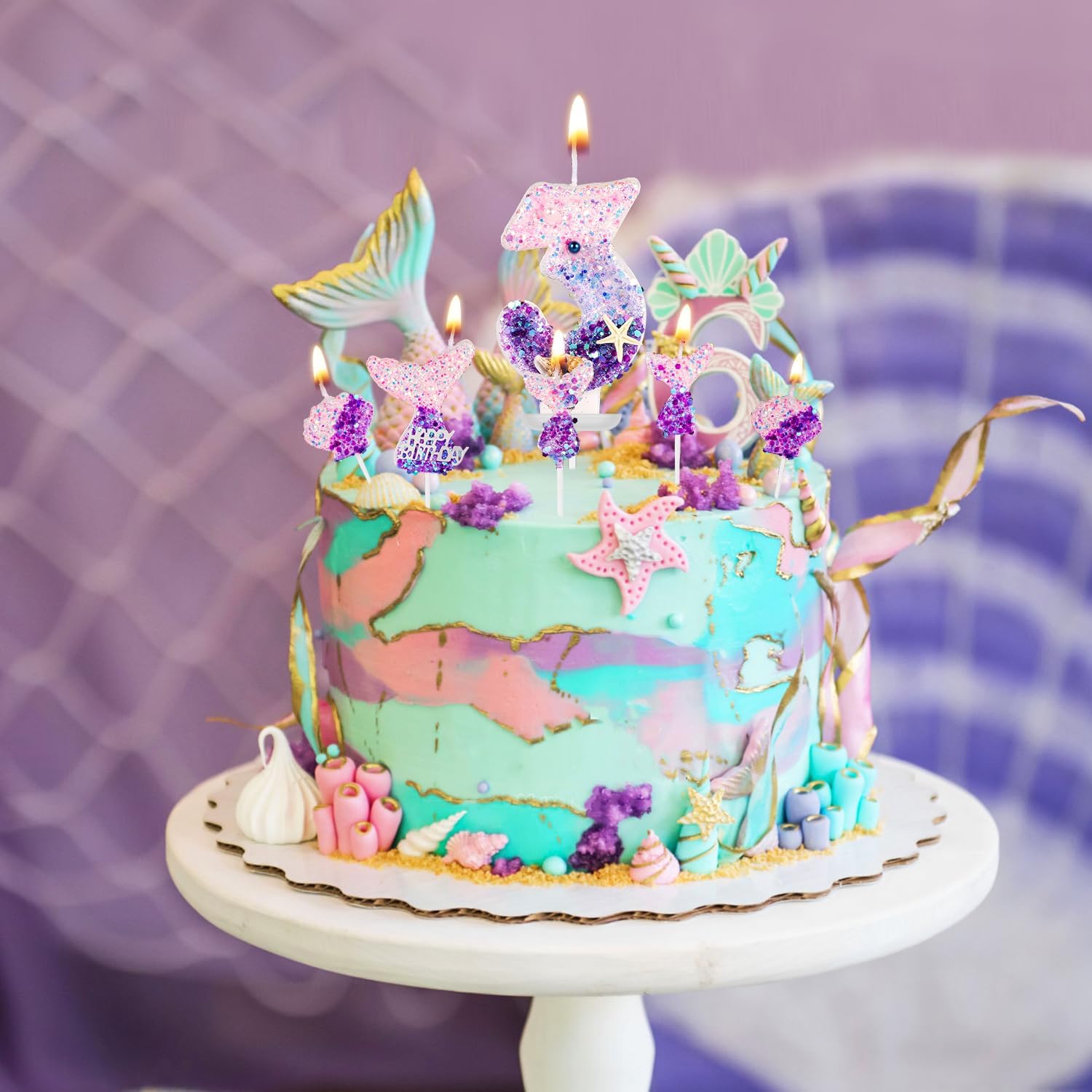 Velas de número de sirena, 6 piezas de decoración de pastel de sirena, velas numéricas de lentejuelas, color rosa y morado, centros de mesa para