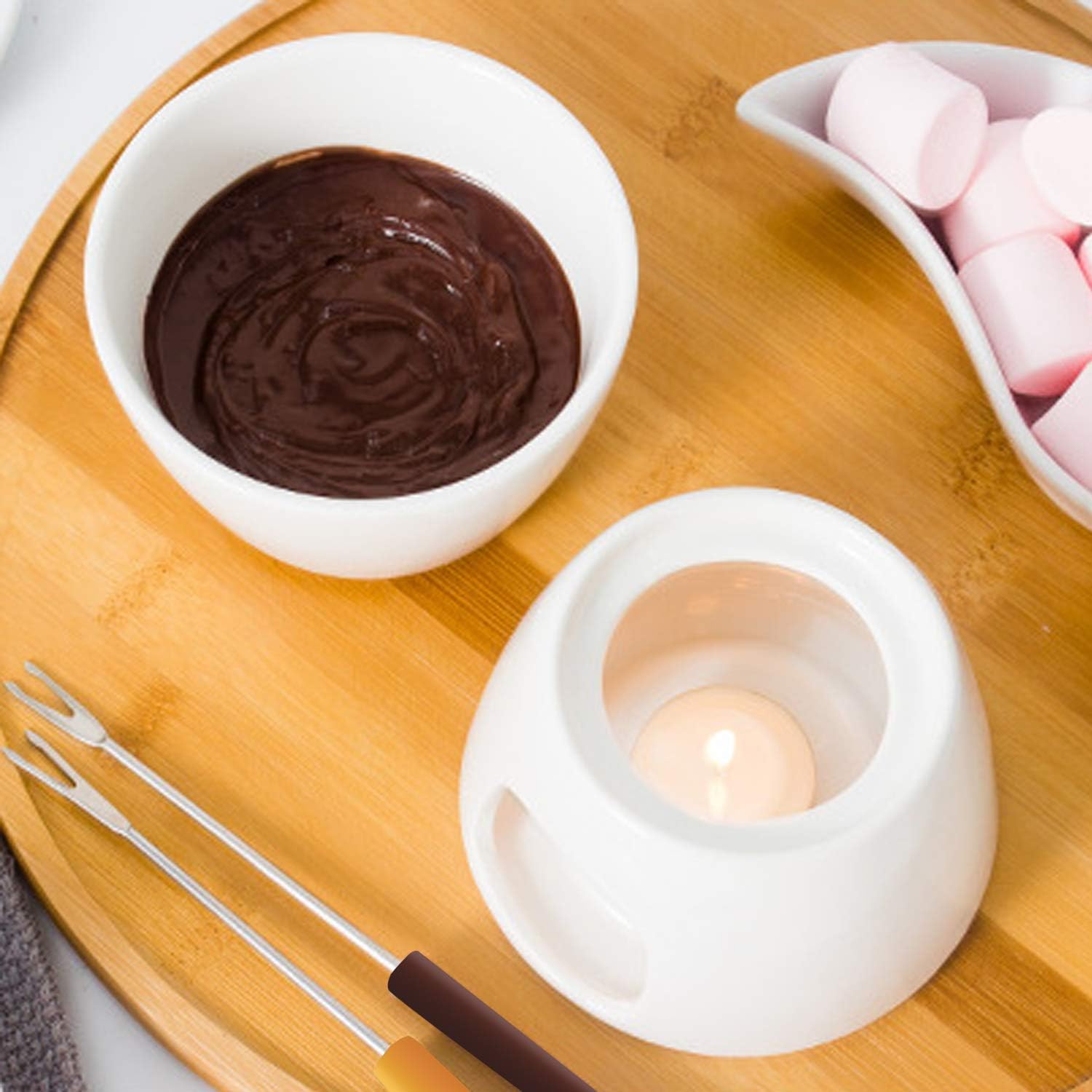 Juego de fondue de cerámica para bombones y quesos, color blanco