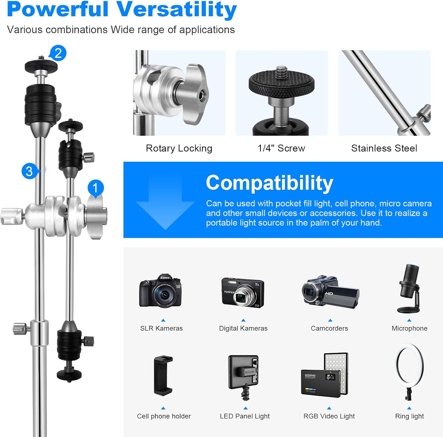 Supon 20.8″53cm Mini Pocket C Stand All-Metal Ajustable Century Stand Trípode Stand con brazo brazo brazo de 13 pulgadas, cabeza de bola 3 y pierna