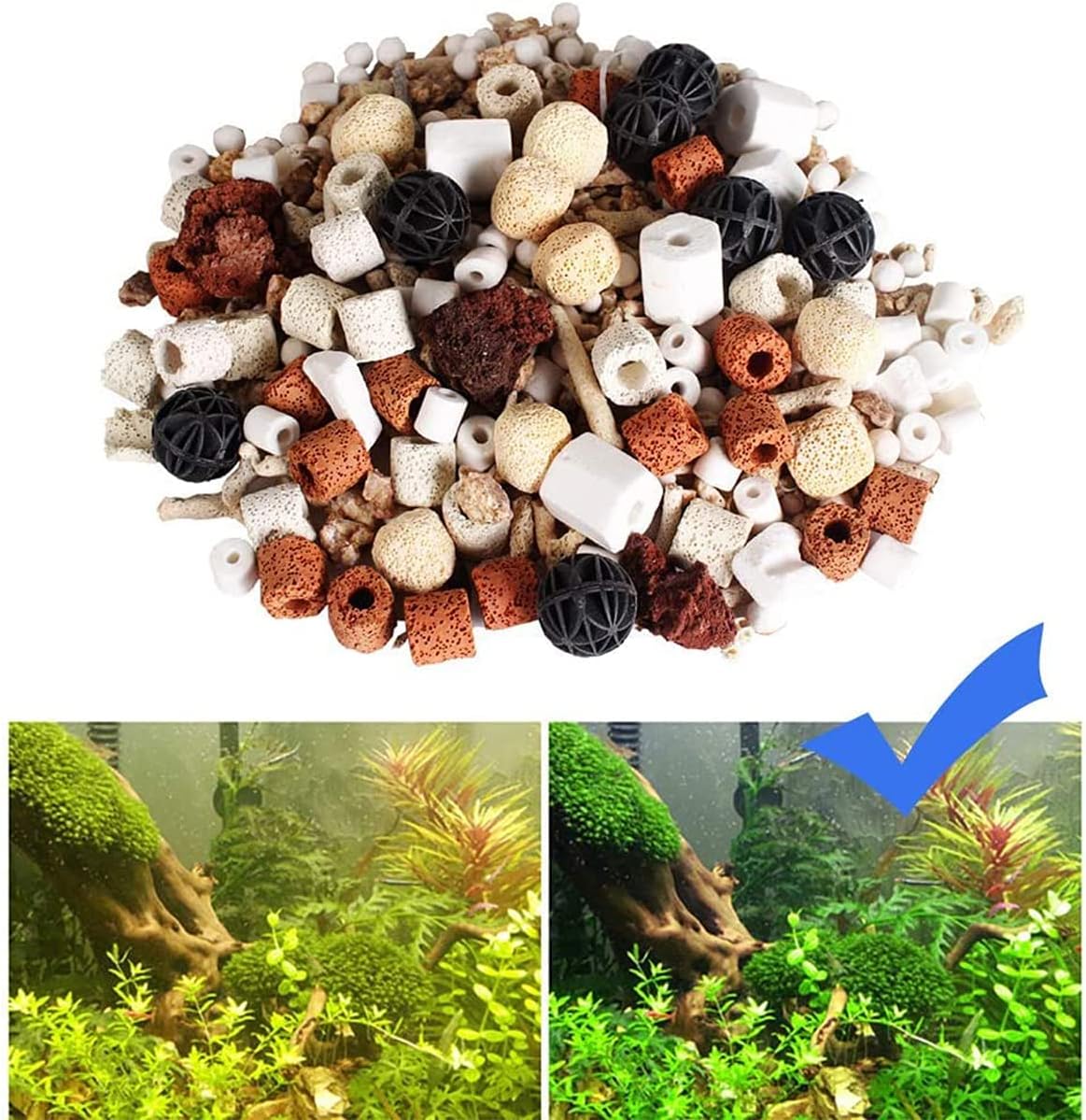GOLDEAL Bio Balls – Juego de anillos de cerámica, medios de filtro biológico para acuario con bolsa de malla para pecera y estanque, filtro de
