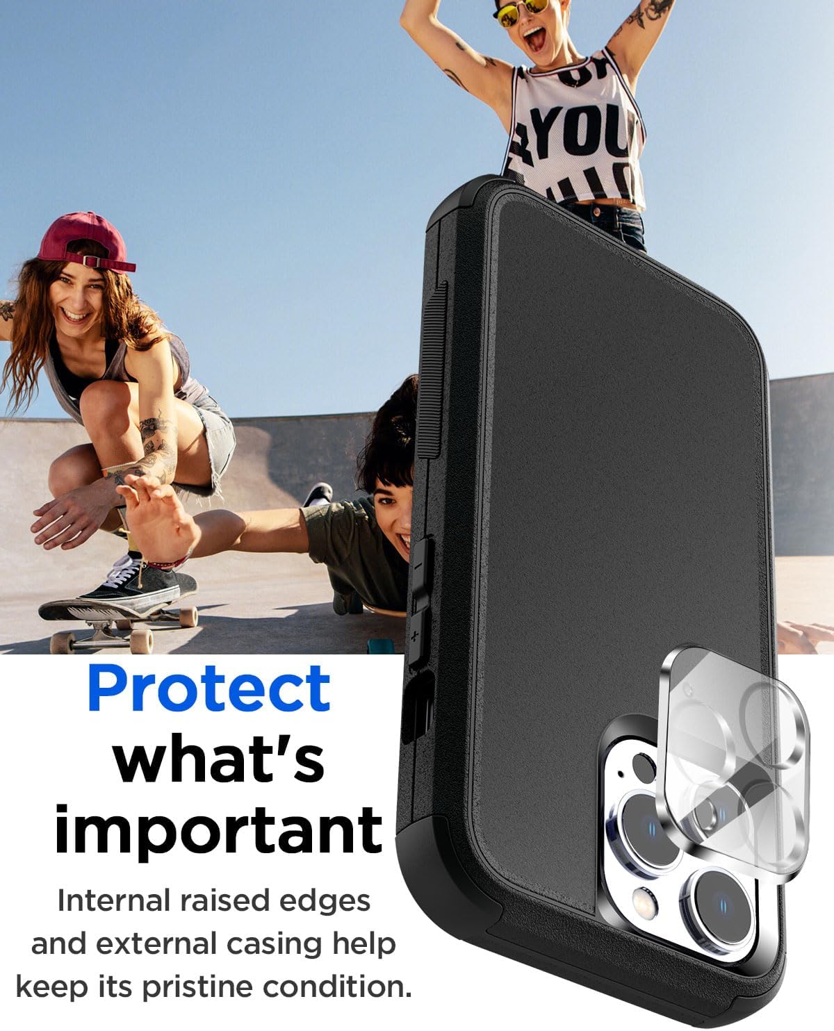 AICase Funda para cinturón compatible con iPhone 15 Pro + protector de vidrio + lente de cámara, resistente de 3 capas de protección de grado