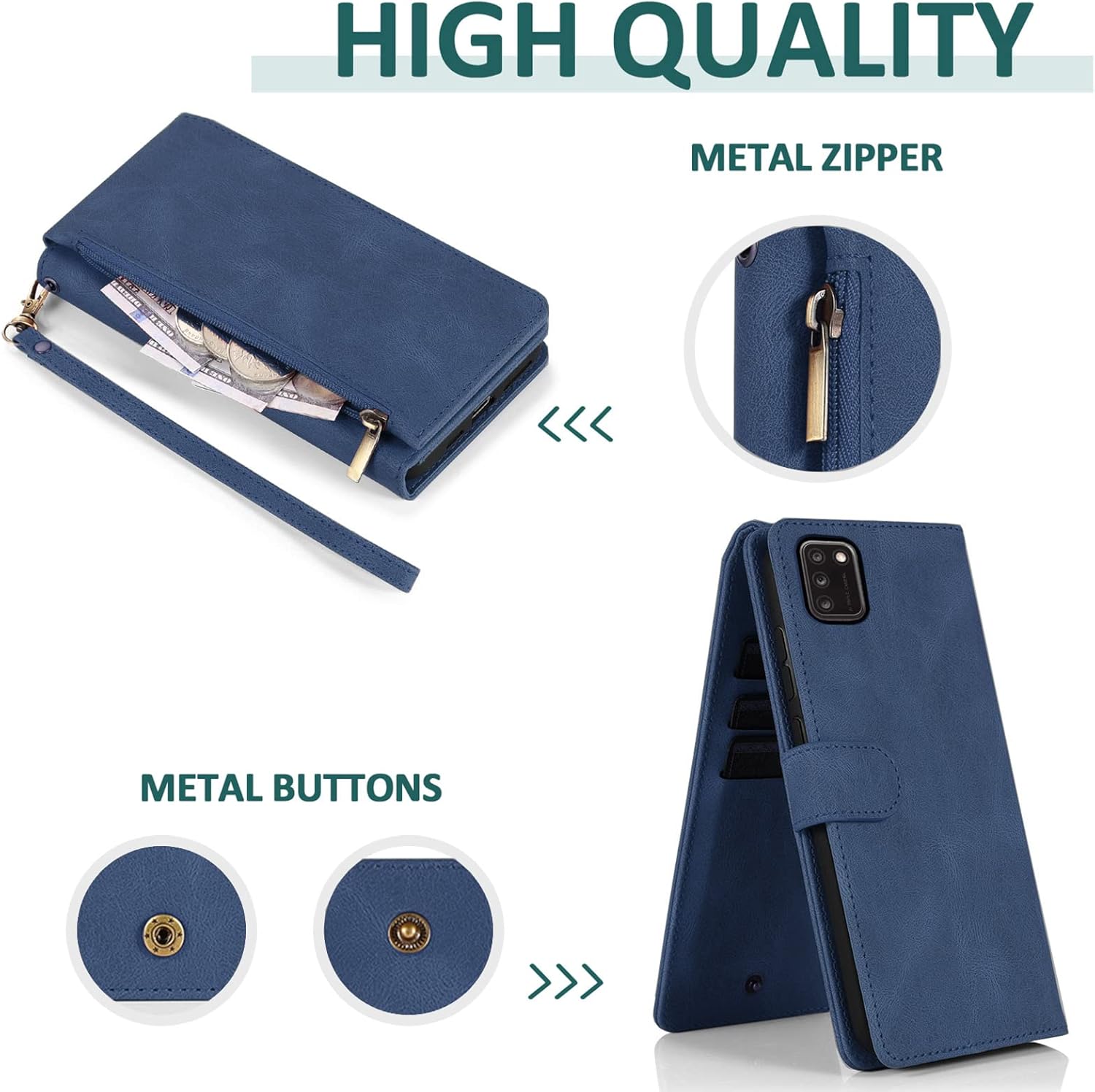Compatible con Alcatel TCL A3X A600DL – Funda tipo cartera de vidrio templado, protector de pantalla de vidrio templado, con cremallera, funda de