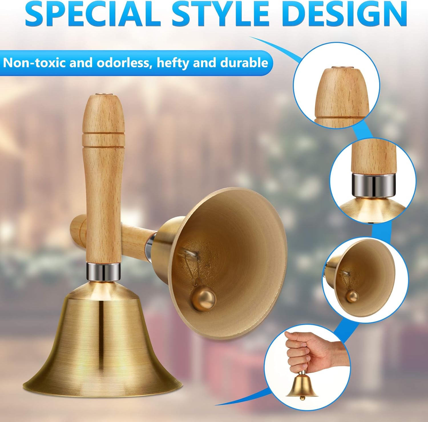 2 campanas de llamada de mano de latón macizo con mango de madera, campanas de timbre ruidosas campanas de servicio de mano para decoración de