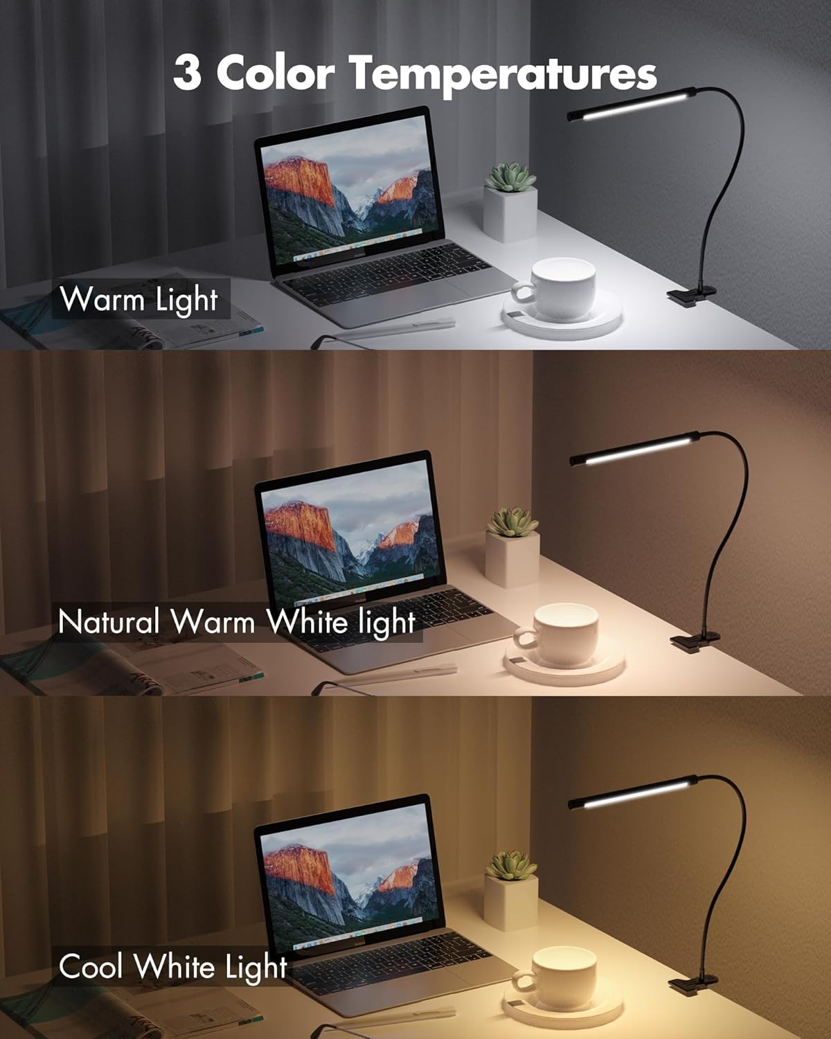 JHD Lámpara de escritorio LED con abrazadera, 10 niveles de brillo, cuello de cisne flexible de 12 pulgadas, lámpara USB de protección ocular,