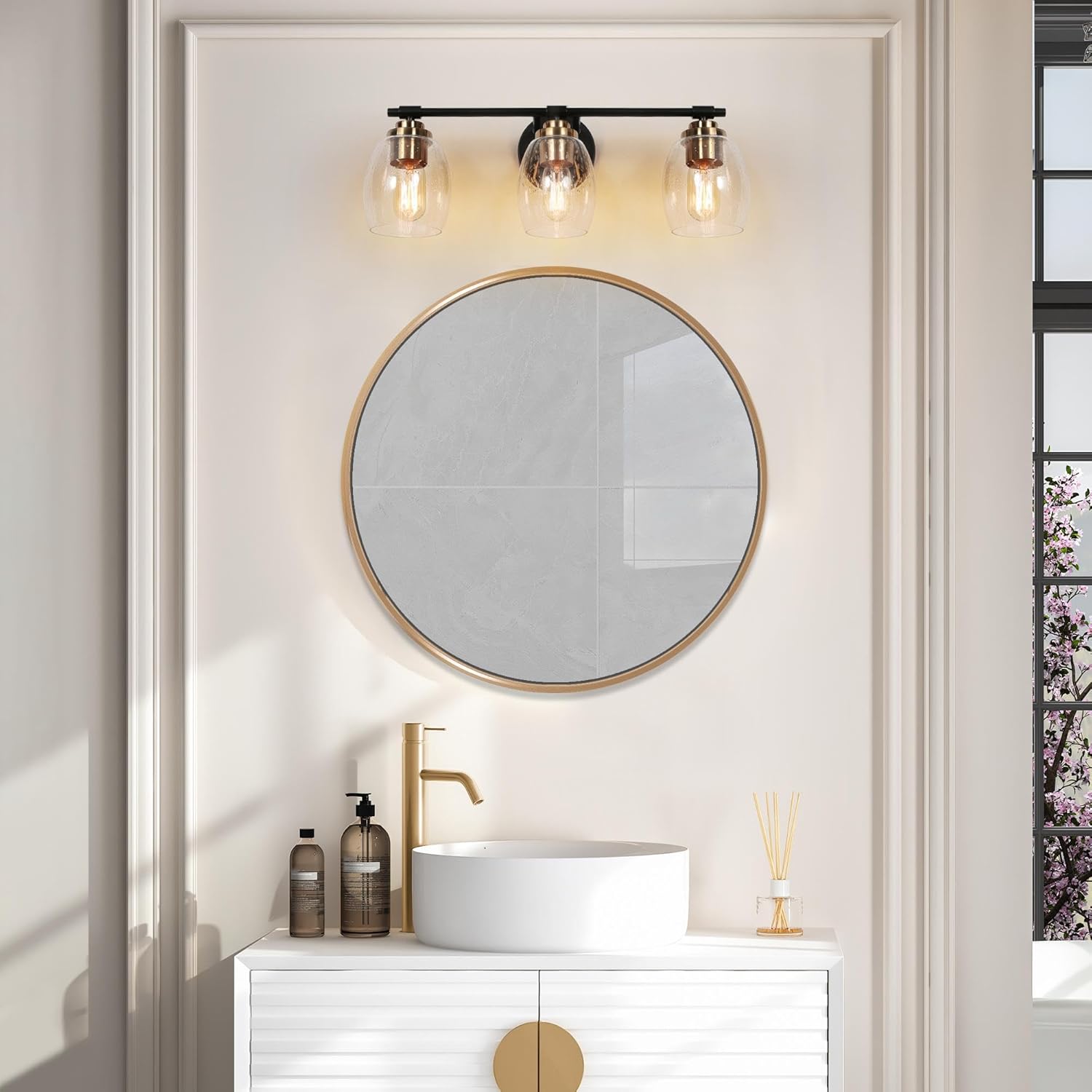 classy leaves Lámparas de tocador de baño, 3 luces de tocador de color negro dorado con vidrio sembrado, moderno aplique de pared de baño de granja