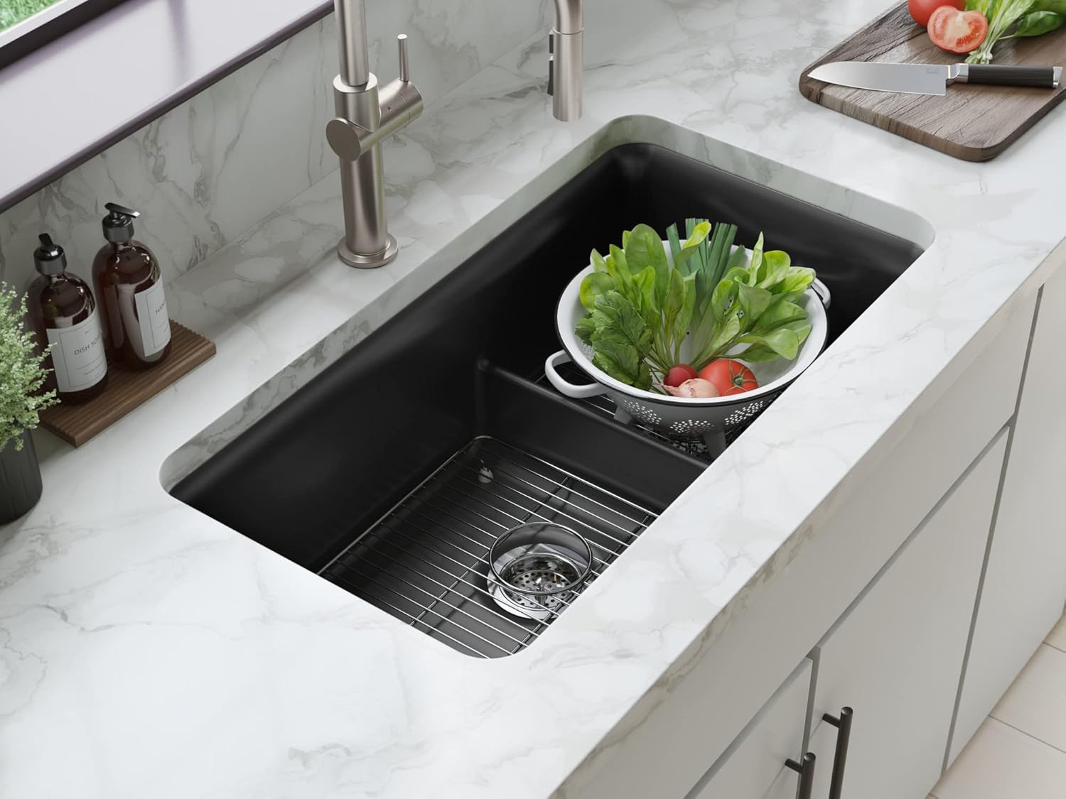 KOHLER Neoroc – Fregadero de cocina de doble tazón de montaje inferior, fregadero compuesto con división inteligente, cuenco de doble desplazamiento