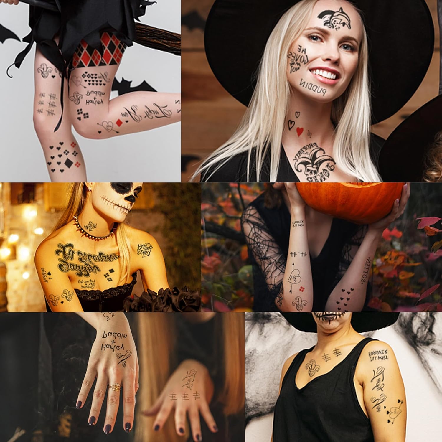 18 hojas de tatuajes de Joker HQ para mujeres y hombres, escuadrón suicida de Halloween, tatuajes temporales falsos realistas para adultos,
