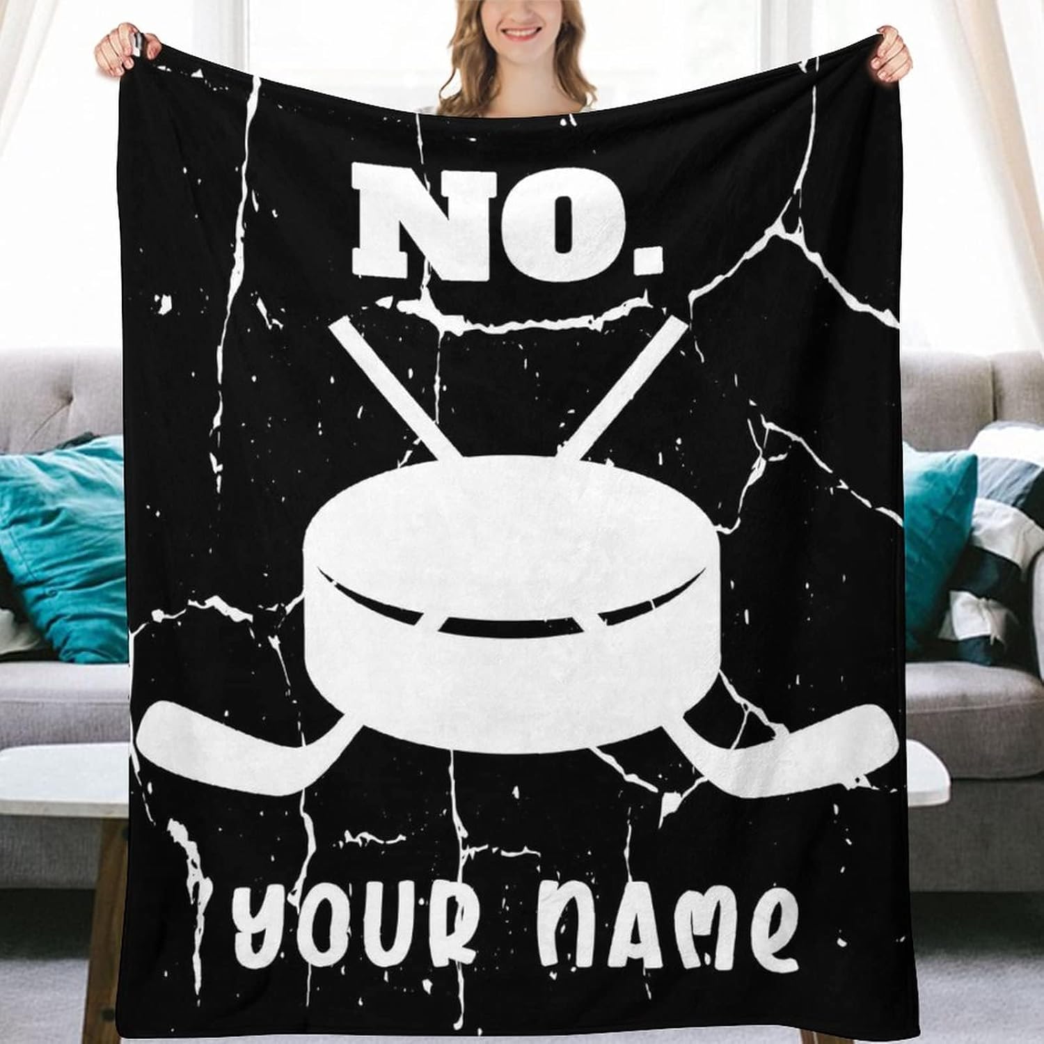 Manta de hockey personalizada con nombre, manta deportiva de 30 x 40 pulgadas para niños y niñas, manta negra de felpa suave para sofá, oficina