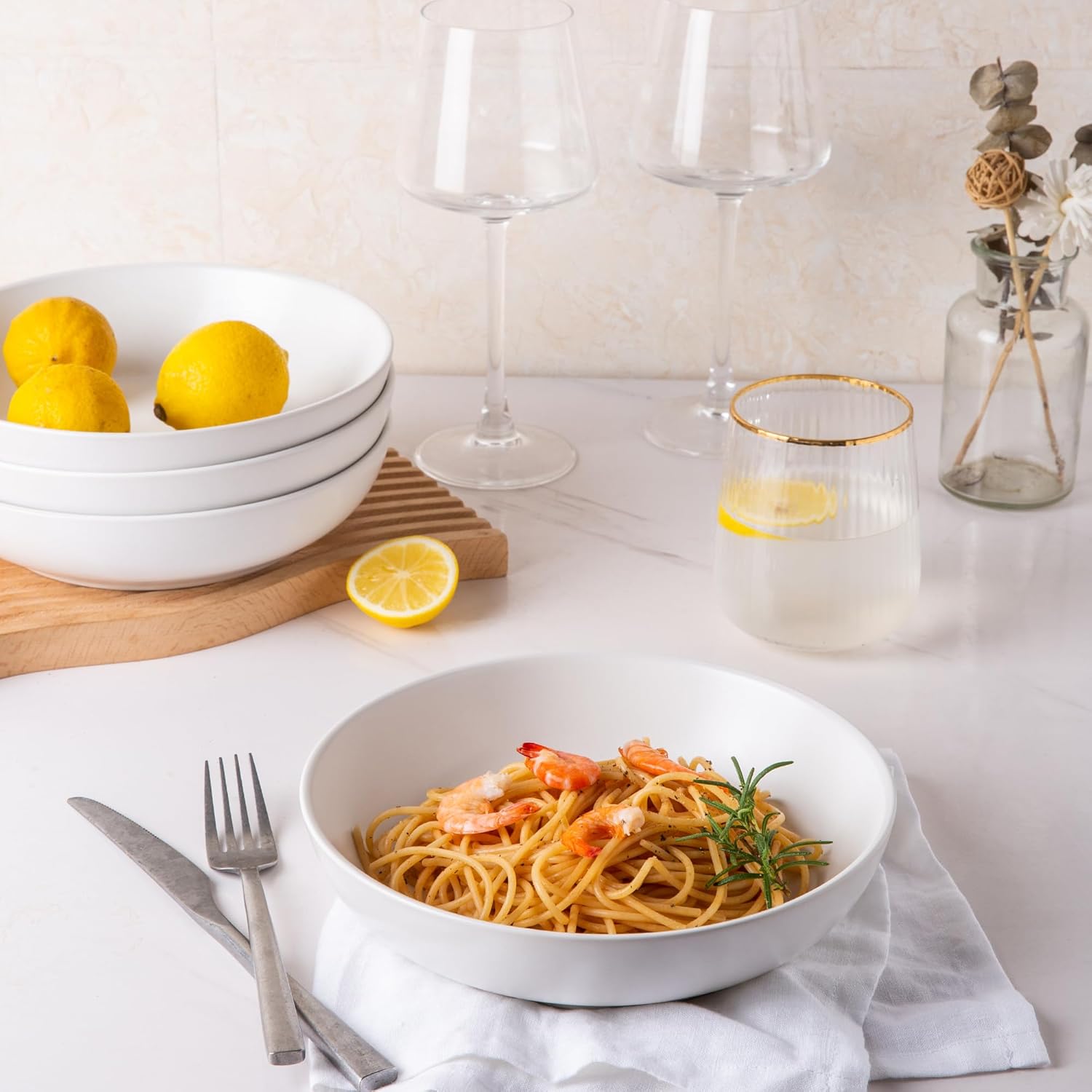 AmorArc Juego de 6 cuencos de cerámica para pasta de 8.5 pulgadas, cuencos grandes de 32 onzas para cocina, cuencos anchos para pasta, ensalada,