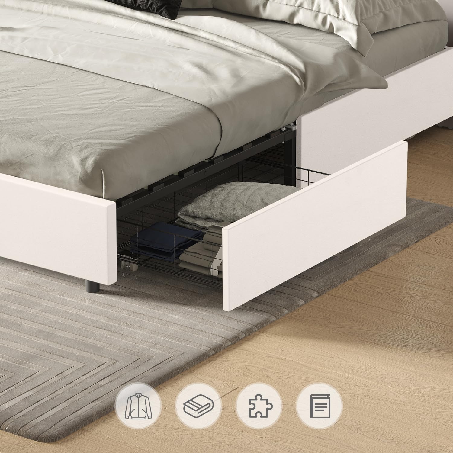 BONSOIR Base de cama de almacenamiento tamaño Queen tapizada de perfil bajo con cabecera tradicional copetuda y clavos, no necesita somier, 4