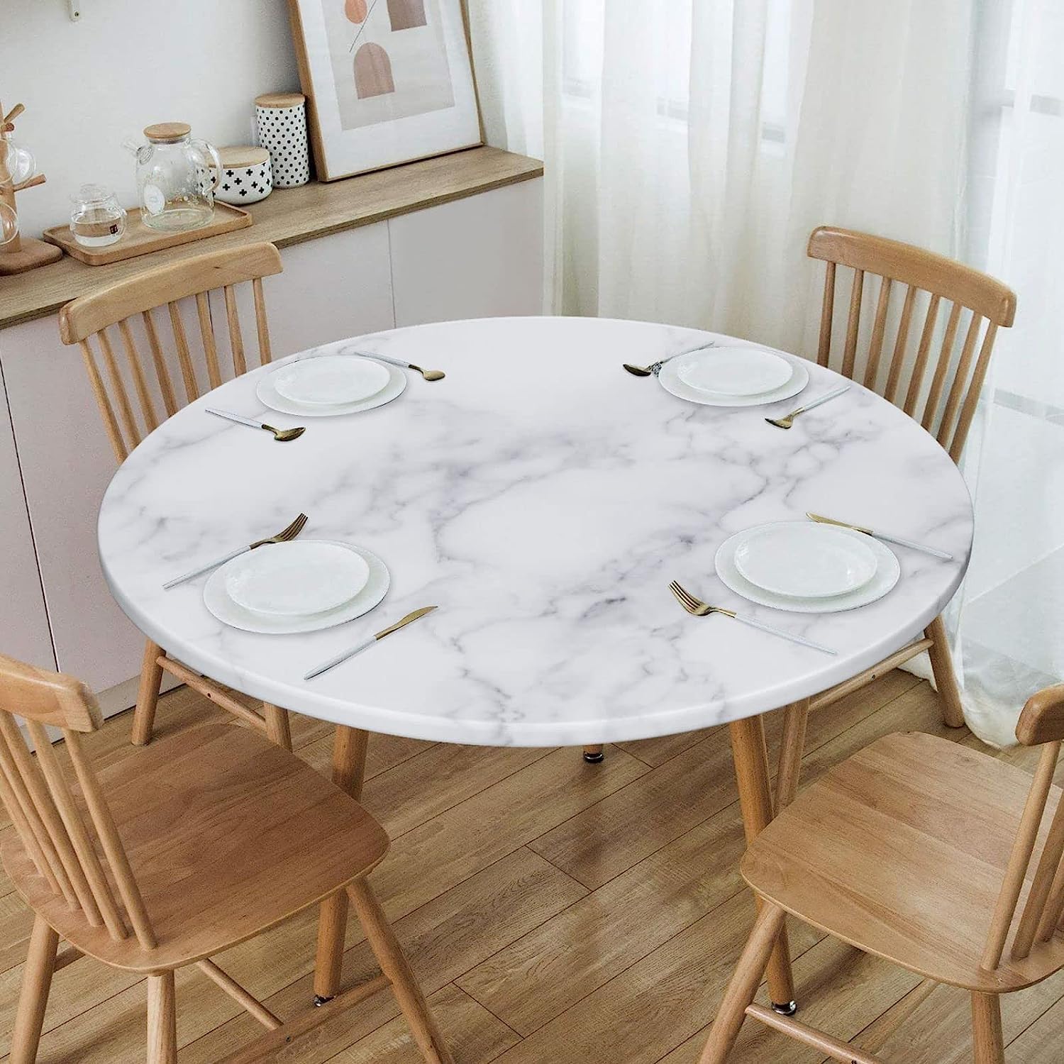 Fiokroo Mantel con textura de mármol blanco con borde elástico, mantel redondo, lavable, reutilizable, para cocina, comedor, fiesta, picnic, mediano