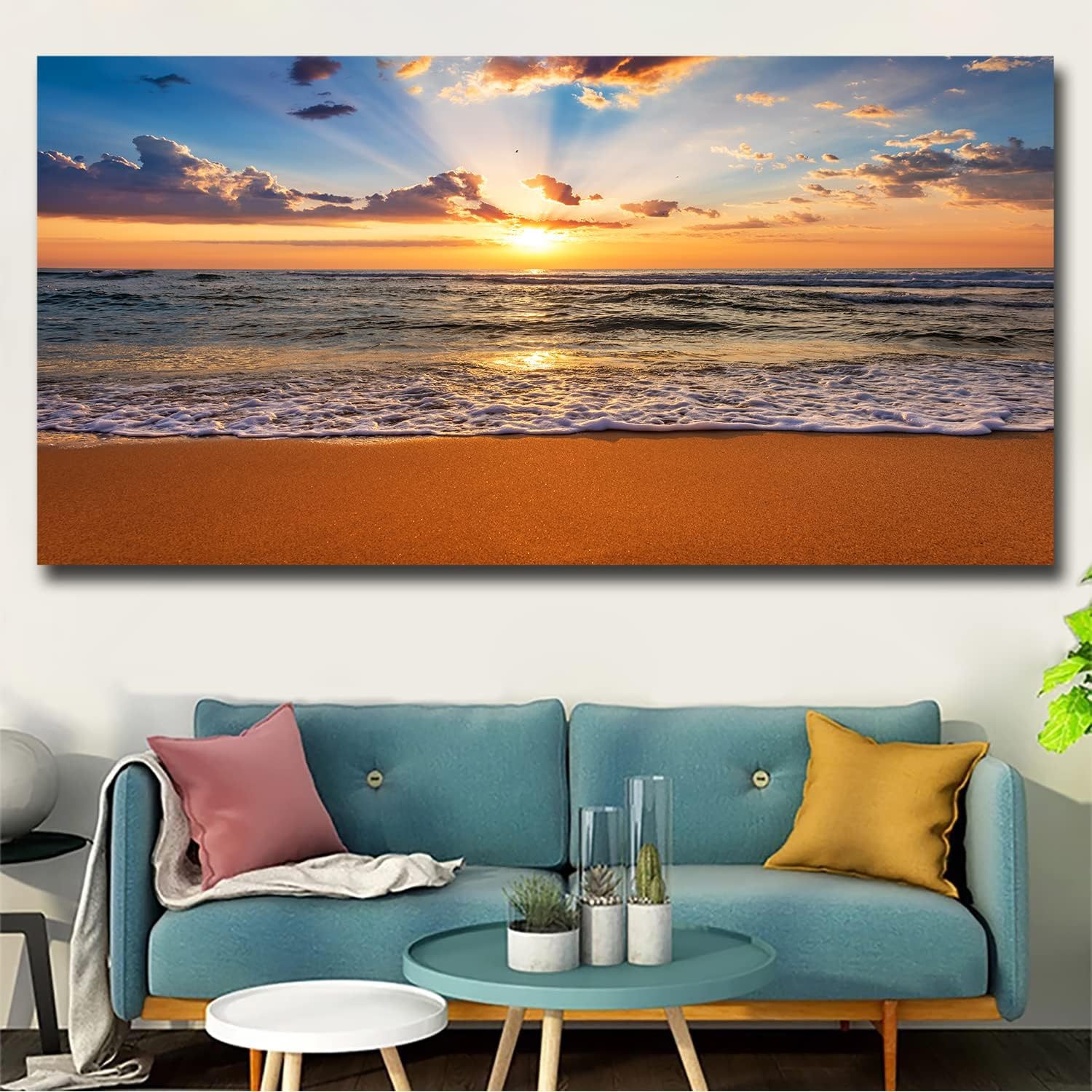SUCREY Pintura en lienzo con diseño de olas del océano del amanecer en la playa, pósteres e impresiones modernas, arte de pared, sala de estar,