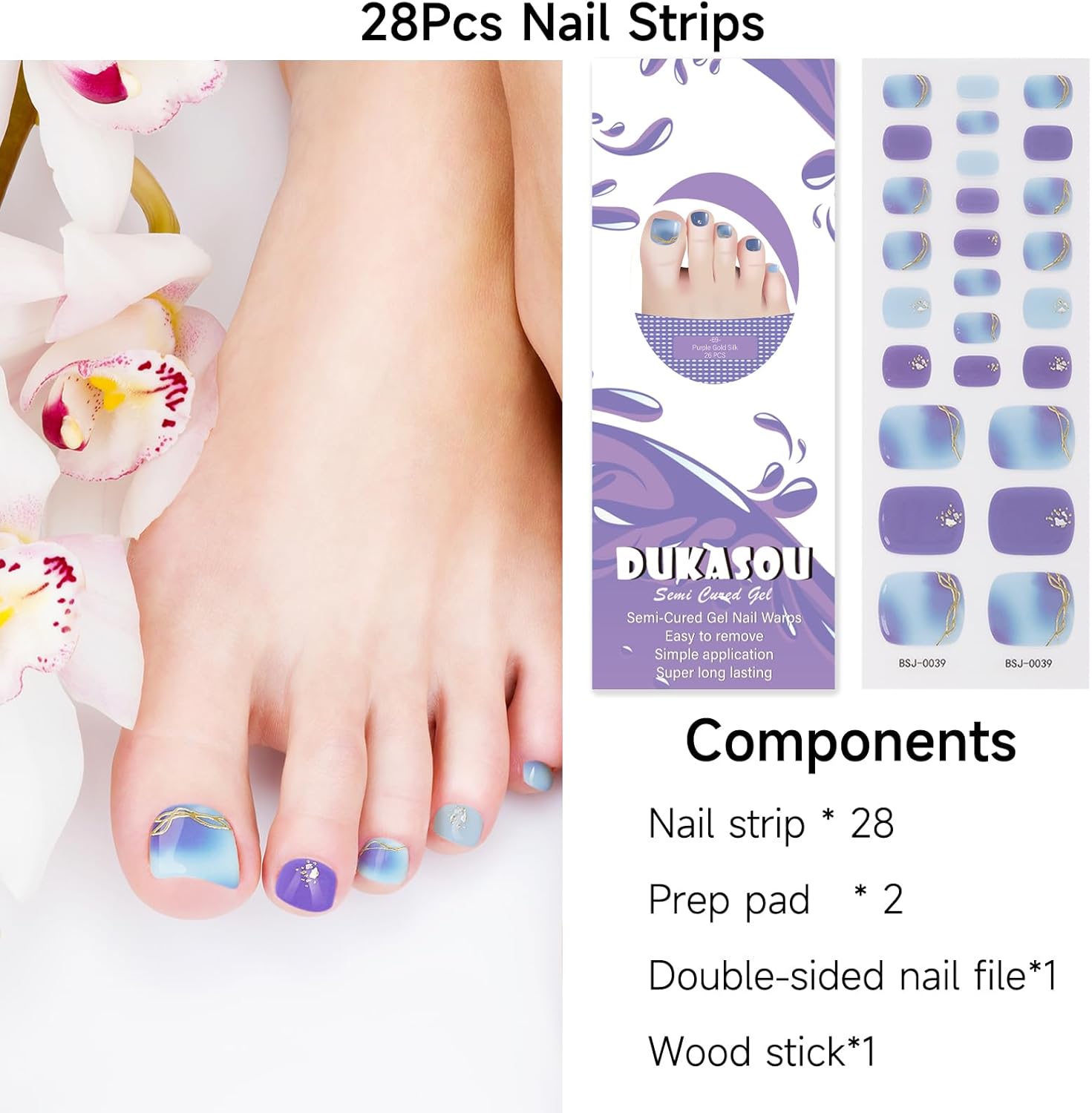 Tiras de pedicura de gel semicuradas, 26 calcomanías de gel para uñas de los pies, envolturas completas de uñas para mujeres y niñas, decoración de