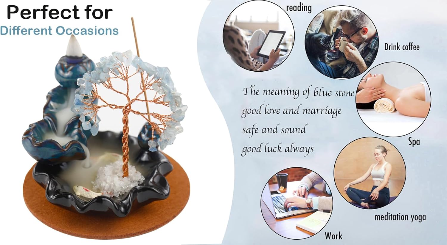 Soporte para incienso en cascada, quemador de conos de incienso con reflujo de cristales de aguamarina, decoración de estante de meditación