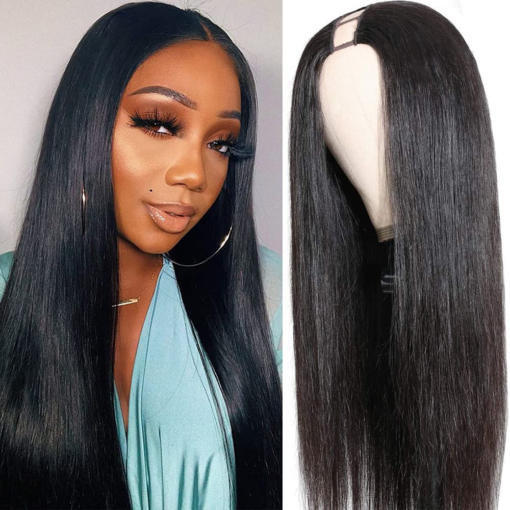 Sooolavely Pelucas de cabello humano con parte en U para mujeres negras, para principiantes, sin procesar, virgen, brasileño, sin pegamento,