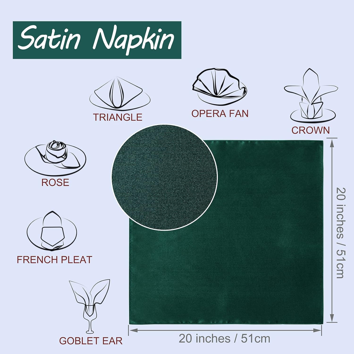 Paquete de 30 servilletas de satén de color verde bosque de 20 x 20 pulgadas, servilletas cuadradas suaves de tela sedosa, decoración de mesa para