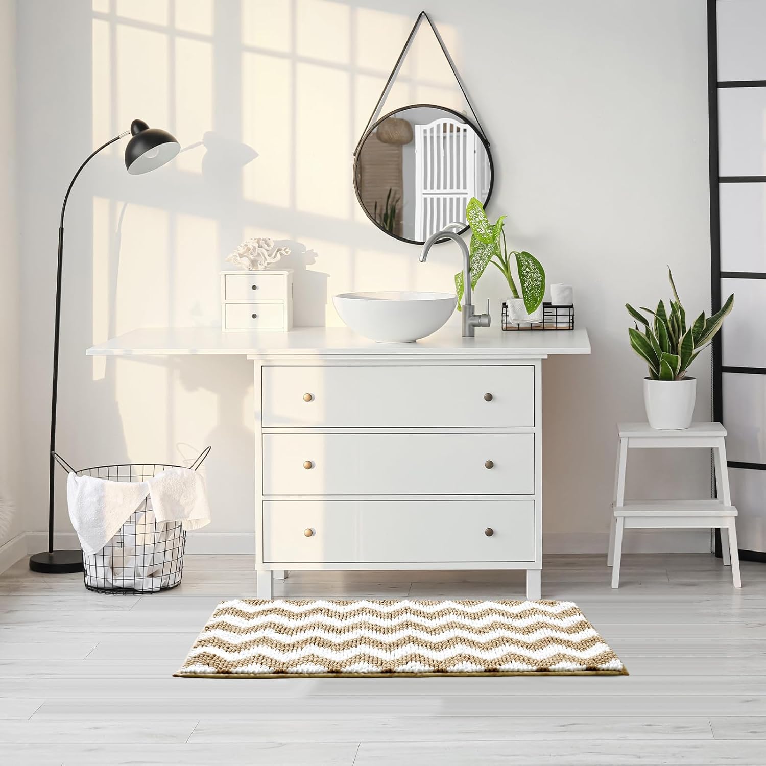 CozeCube Tapetes de baño de felpilla color beige con cheurón para baño, antideslizantes, peludas y absorbentes, de microfibra, extra suave, lavable