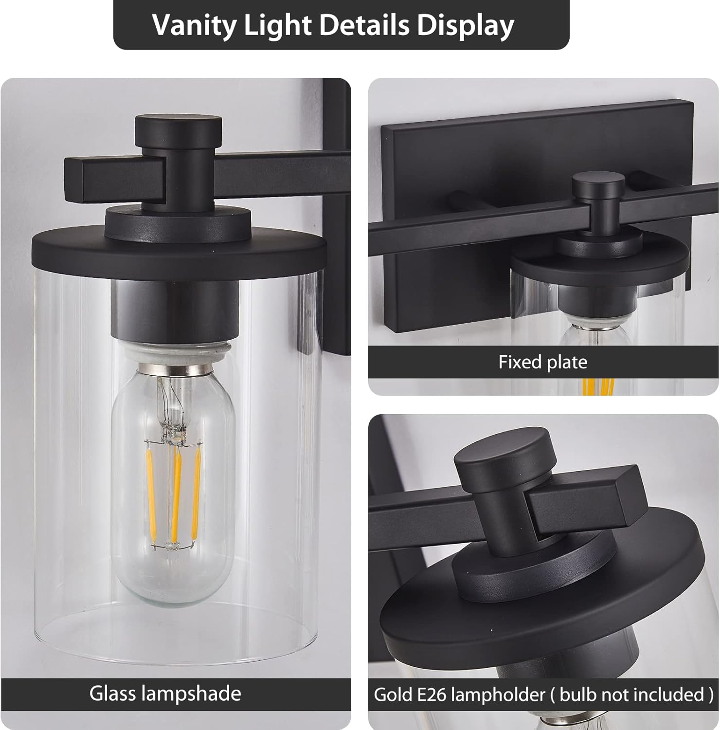 DADUL Lámparas de baño de 3 luces, lámparas de tocador de baño negro mate sobre el espejo, apliques de pared de baño para dormitorio, pasillo, sala