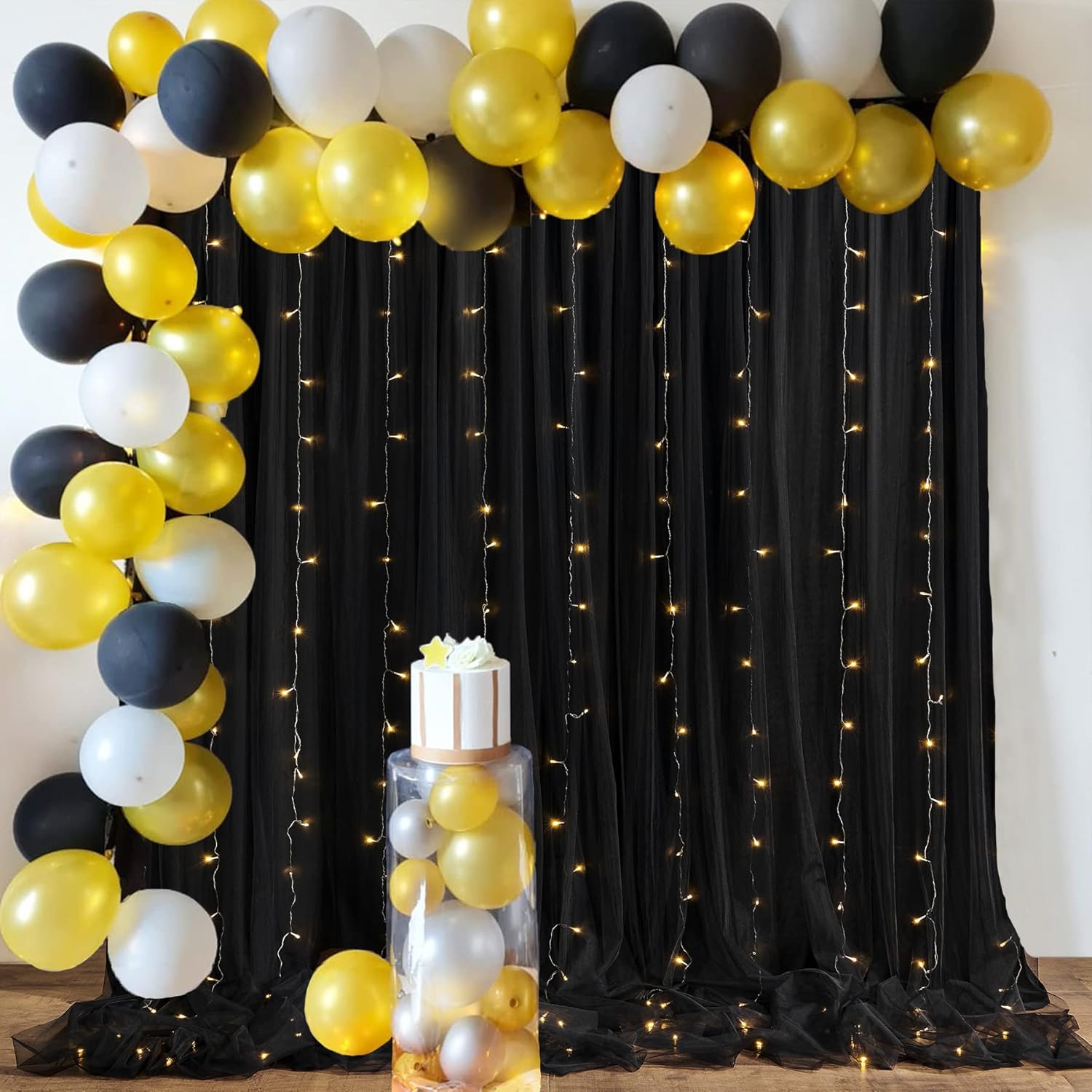 Paneles de cortina de tul negro de 30 x 10 pies, doble capa sin arrugas, cortinas de tul negro para bodas, fiestas de Halloween, cumpleaños,