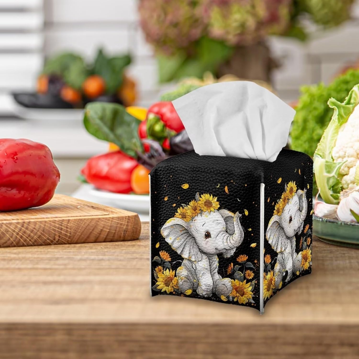 ZFRXIGN Funda cuadrada para caja de pañuelos de girasol y elefante, con cinturón inferior, pañuelos decorativos, cubierta de cubo para encimera de