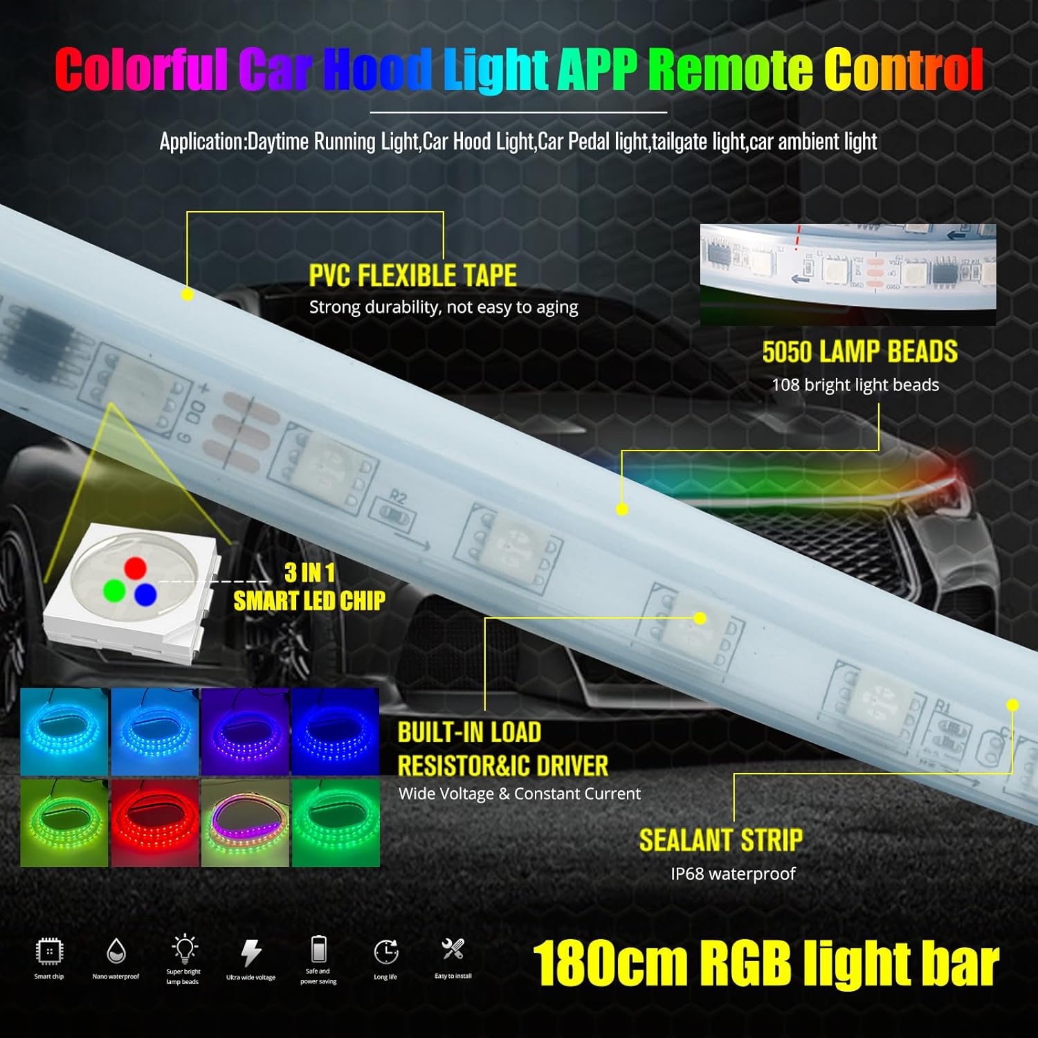 Tira de luces LED para capó de automóvil, 70 pulgadas, RGB multicolor, luces exteriores de automóvil con luz dinámica de circulación diurna A