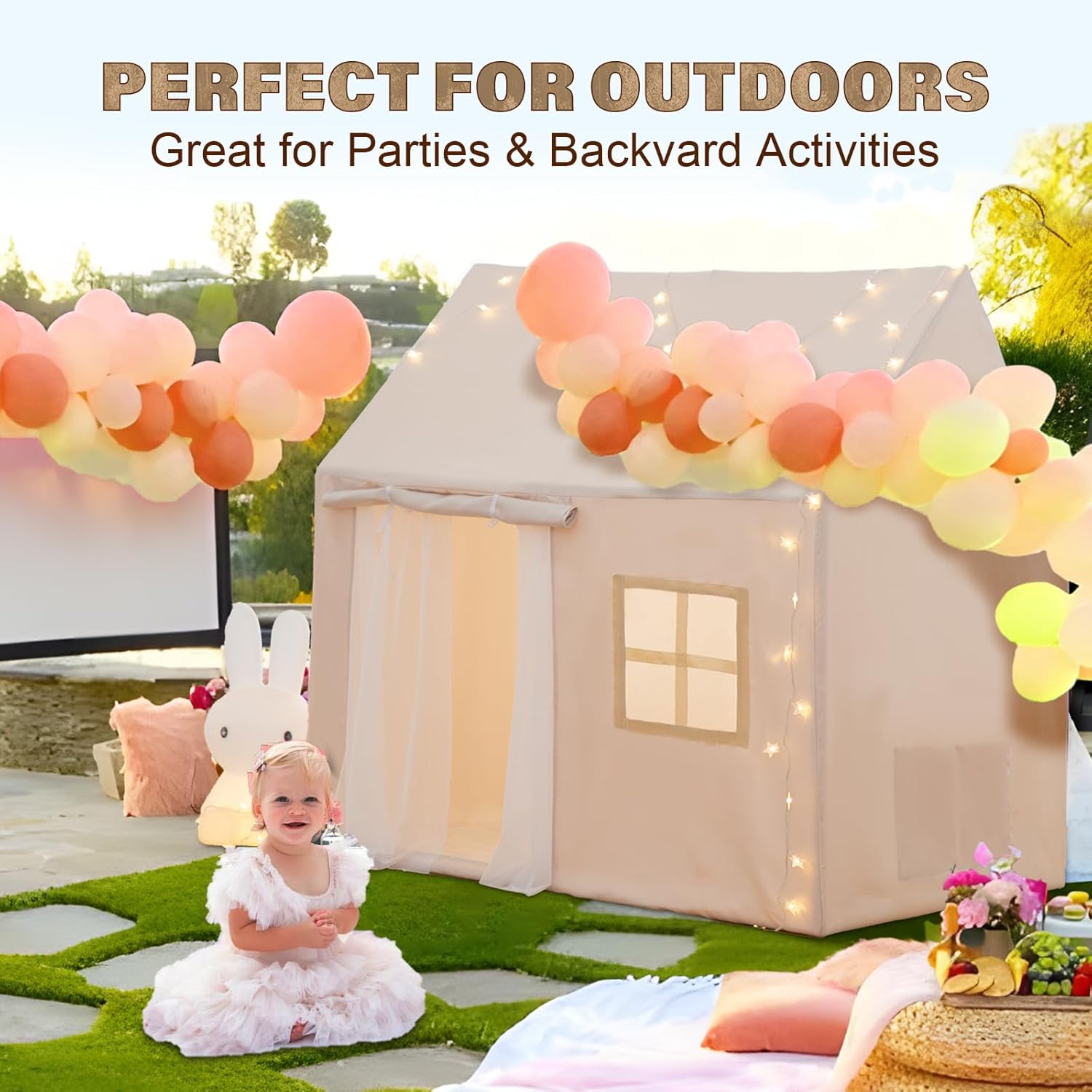 TreeBud Tienda de campaña con alfombrilla acolchada, banderines, luces de hadas, casa de juegos para niños con gran espacio para interiores y