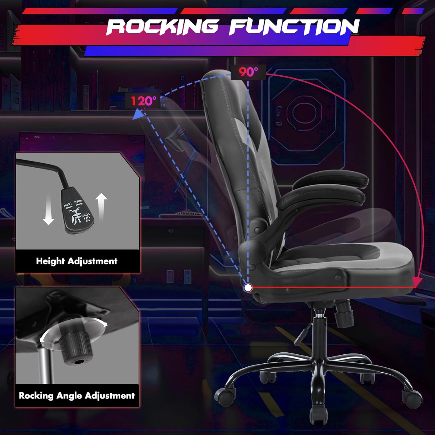 Silla de juegos  Silla de computadora de piel sintética ergonómica con soporte lumbar, sillas de escritorio con ruedas ajustables en altura con