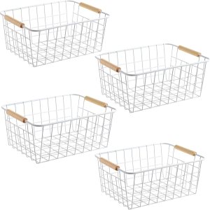 LeleCAT Cestas de alambre blanco con asas, organizador de almacenamiento de alambre para cocina, refrigerador doméstico para armarios, despensa, LeleCAT Cestas de alambre blanco con asas, organizador de almacenamiento de alambre para cocina, refrigerador doméstico para armarios, despensa,