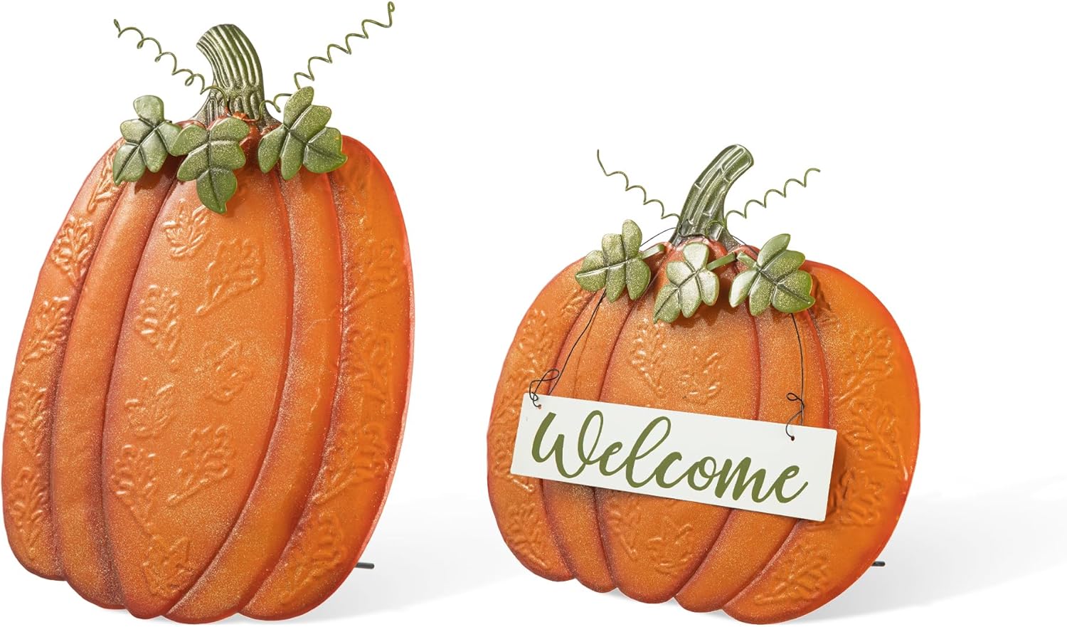 Glitzhome Juego de 2 estacas de jardín para decoración de otoño, juego de 2 letreros grandes de calabaza de metal de otoño para patio, calabaza